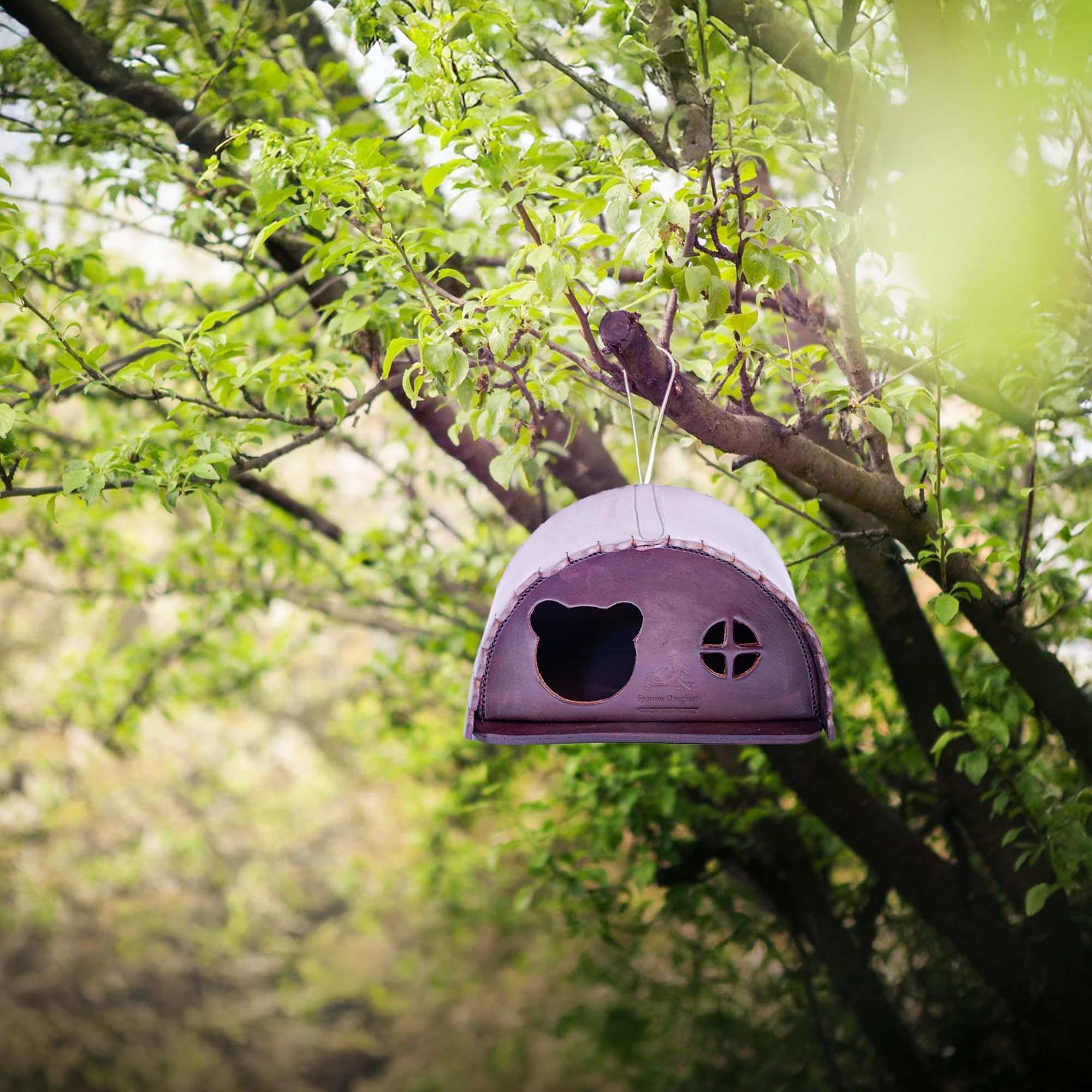 SparrowsDaughter Leather Squirrel House for Outdoors Garden Backyard | Small Animals Habitat for Chinchilla Squirrel | Nesting Box with Feeder & Poles | Multicolour | Chestnut | Large 4