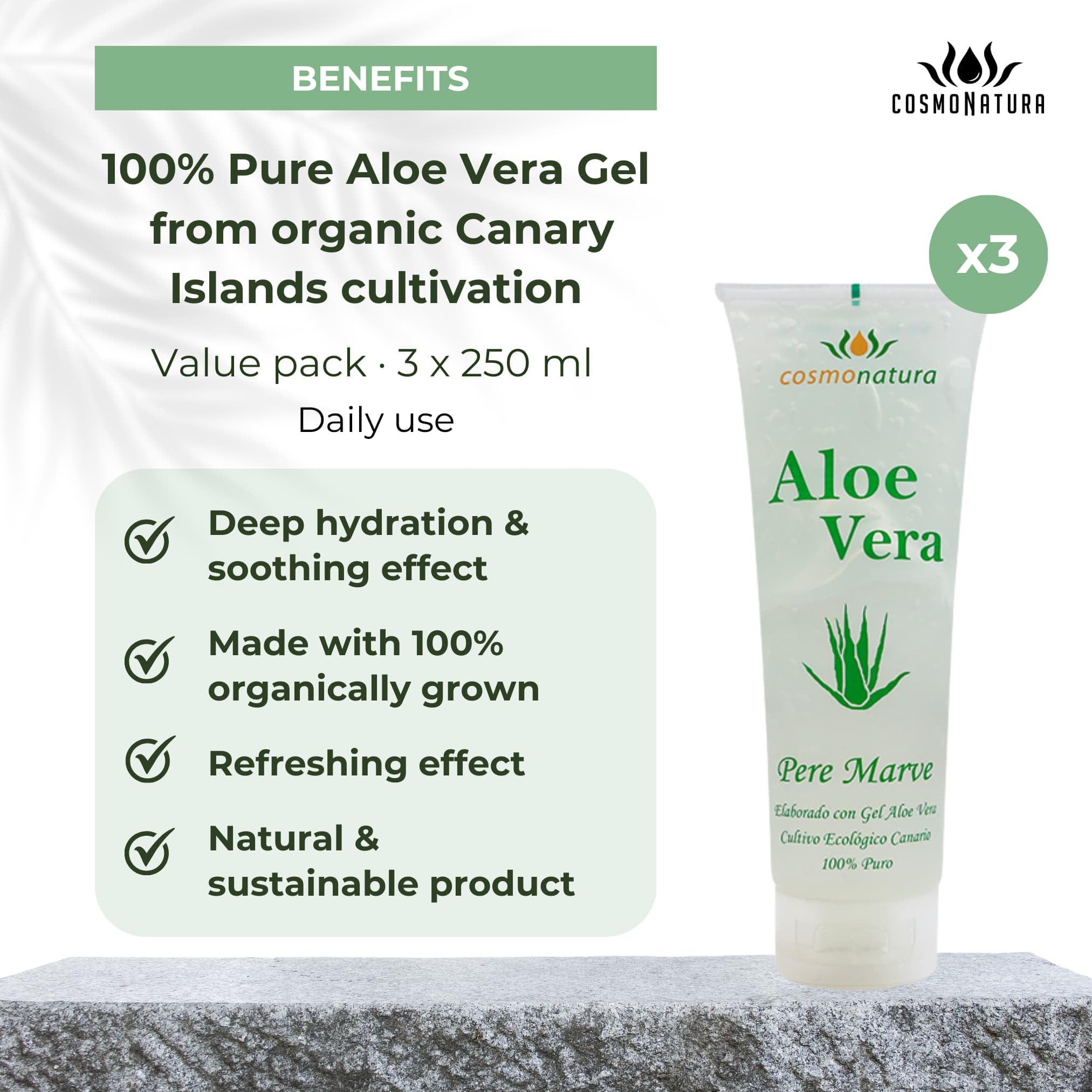 Cosmonatura żel Aloe Vera 100% ekologiczny 3 x 250 ml nawilżający kojący regenerujący witaminy A E prowitamina B5