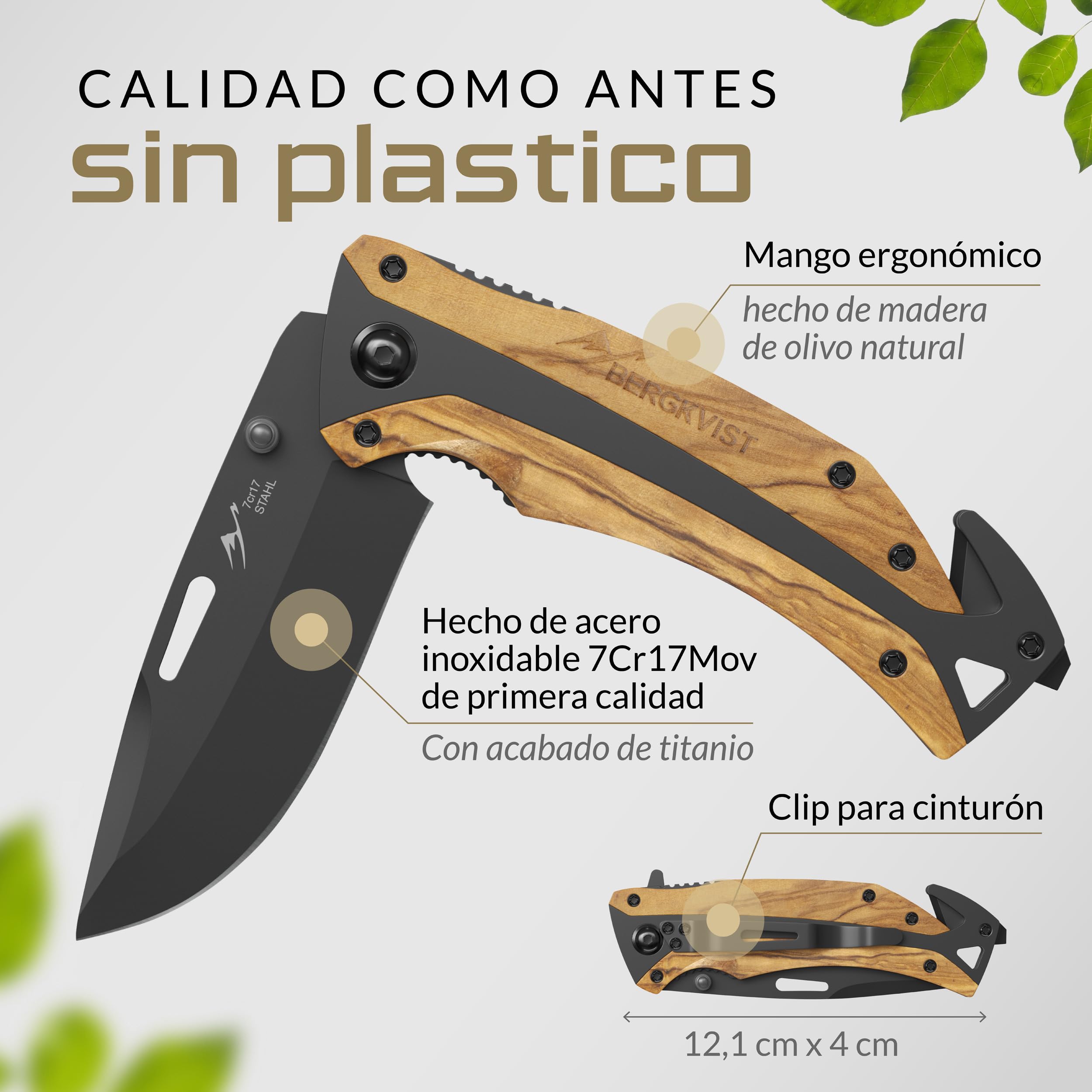 BERGKVIST® K29 Cuchillo plegable Titanium [navaja de bolsillo 3 en 1] | Navaja con rompecristales y cortacinturones, Bronze A' Design Award, mango de madera de olivo