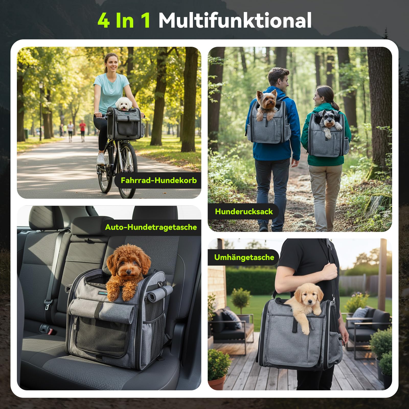 Hundekorb Fahrrad Vorne bis 10KG mit Robuste L-förmige Halterung Φ80mm, Faltbarer Atmungsaktiver Hundefahrradkorb 4 in 1 Rucksack Schultertasche Autositz, Bequemes Kissen, Reflektorstreifen