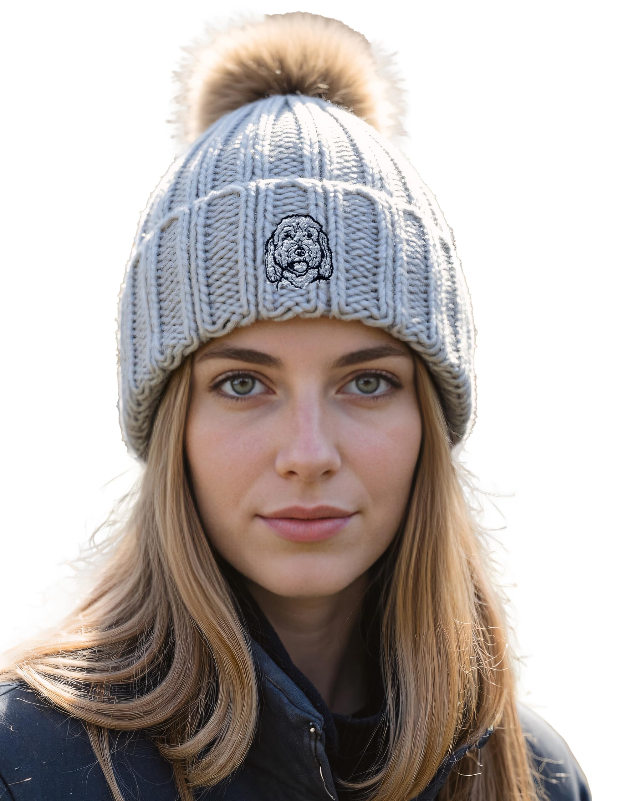 The House Of Dog Unisex Grey The House Of Dog: Cockapoo Owner Gift. Faux Fur Pom Pom Chunky Knit Super Soft Embroidered Beanie