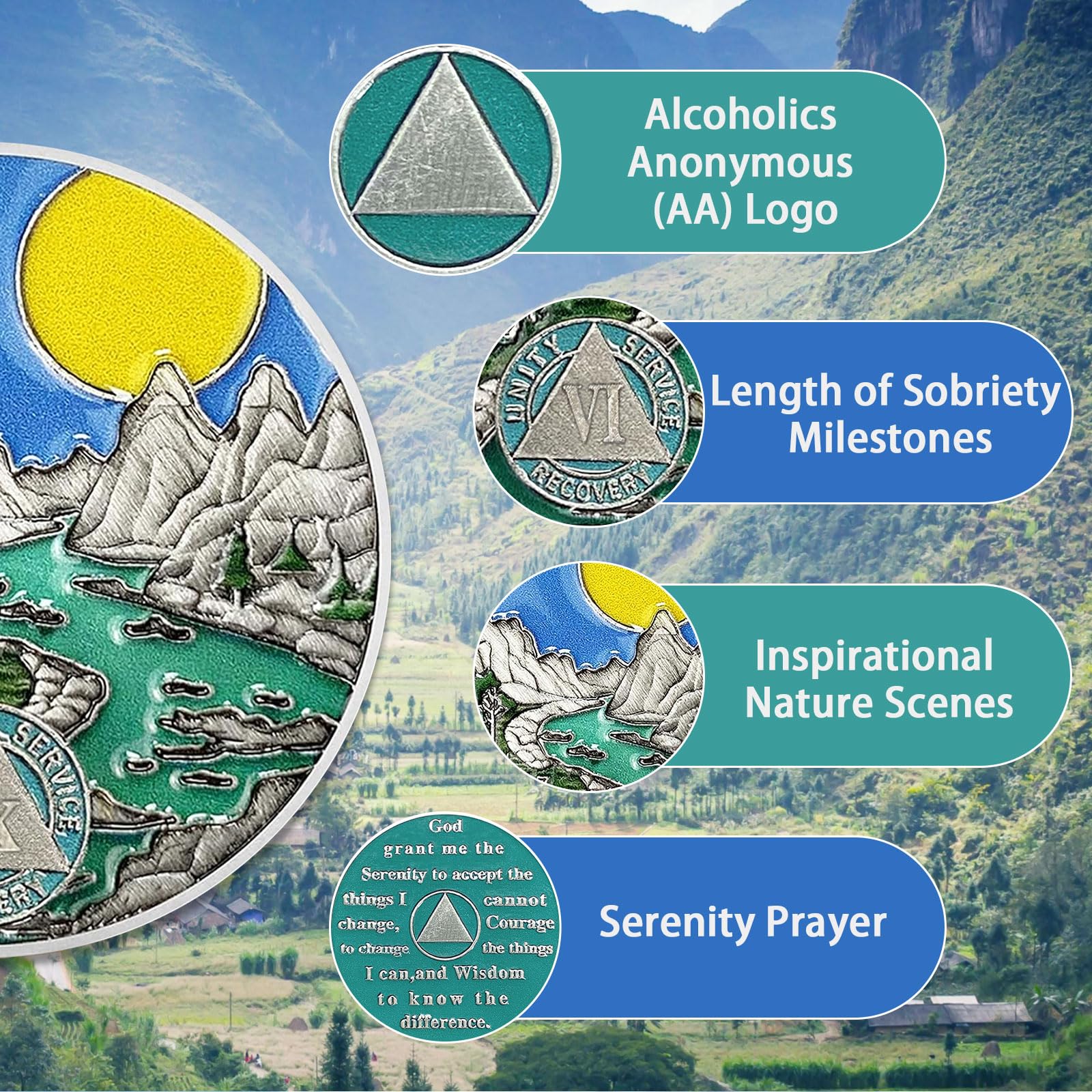 6 Years Sobriety Coin Sun Chips Alcoholics Anonymous Medallion AA Chips and Medallion Sobriety Gifts for Men Women Recovery Gift Anniversary Token Forest River Tree Coin - Image 4