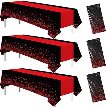 Black and Red Party Tablecloth Decorations, 3Pcs Disposable Black Rectangle Table Covers Printed Red Table Runner and Dot, for Birthday Baby Shower Wedding Anniversary Graduation, 55in x 86in