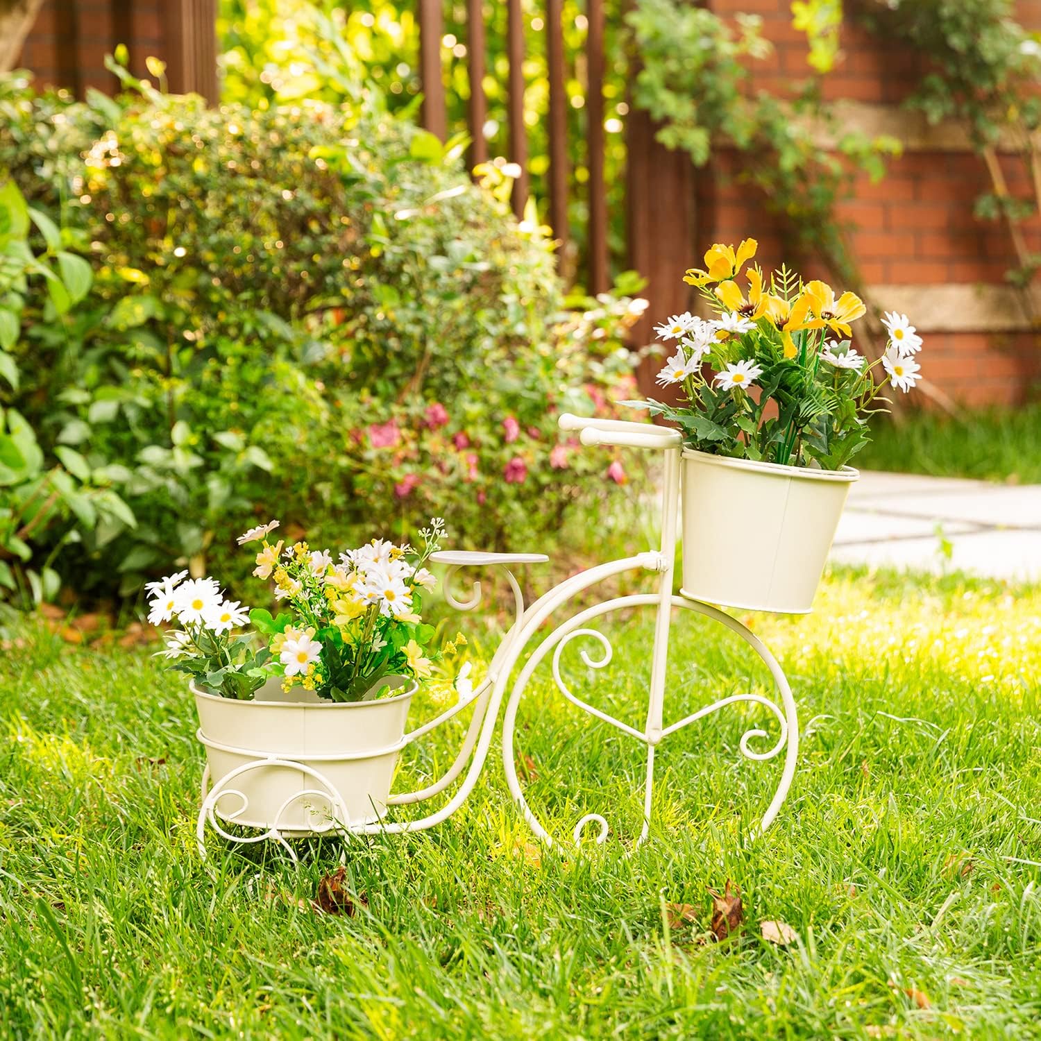 Glitzhome Hand Painted Metal Bicycle Plant Stand Standing Planter Flower Holder Indoor Outdoor Decor White,21.5" L