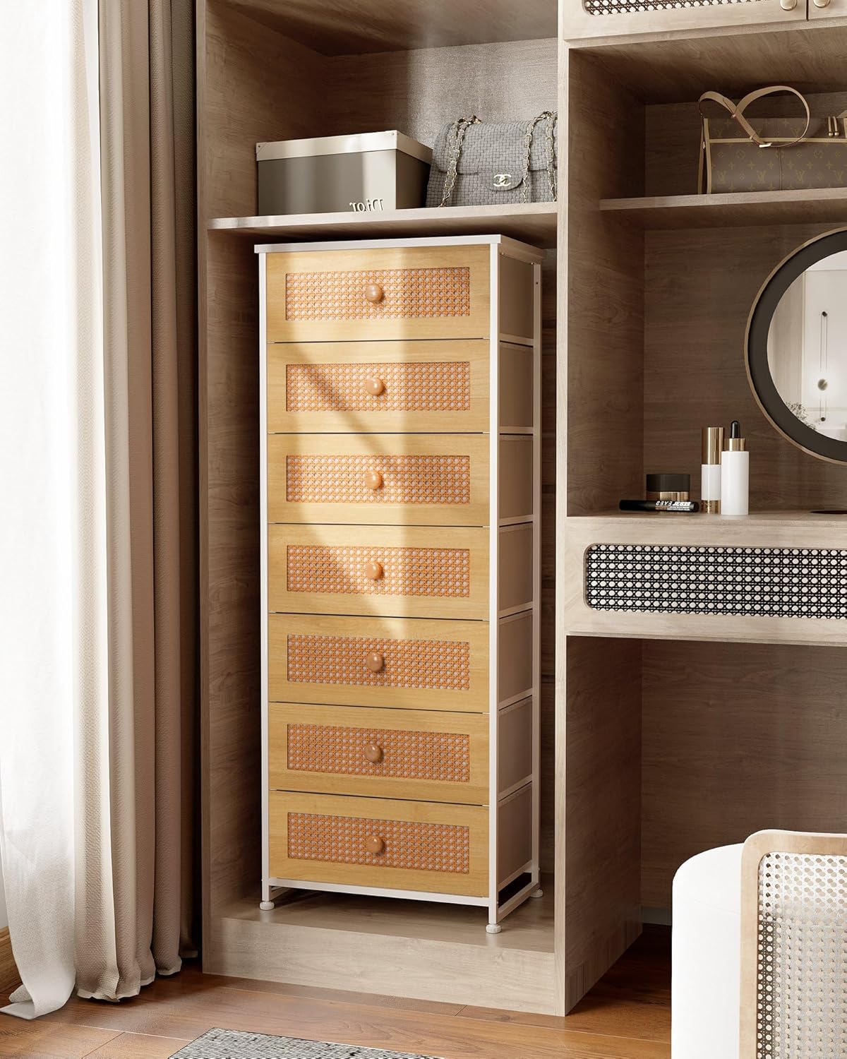 Crestlive Products Rattan Tall Dresser Storage Tower, Chests of Drawers, Wood Handles - Vertical Organizer Unit for Bedroom, Entryway, Closets - White Top & Frame