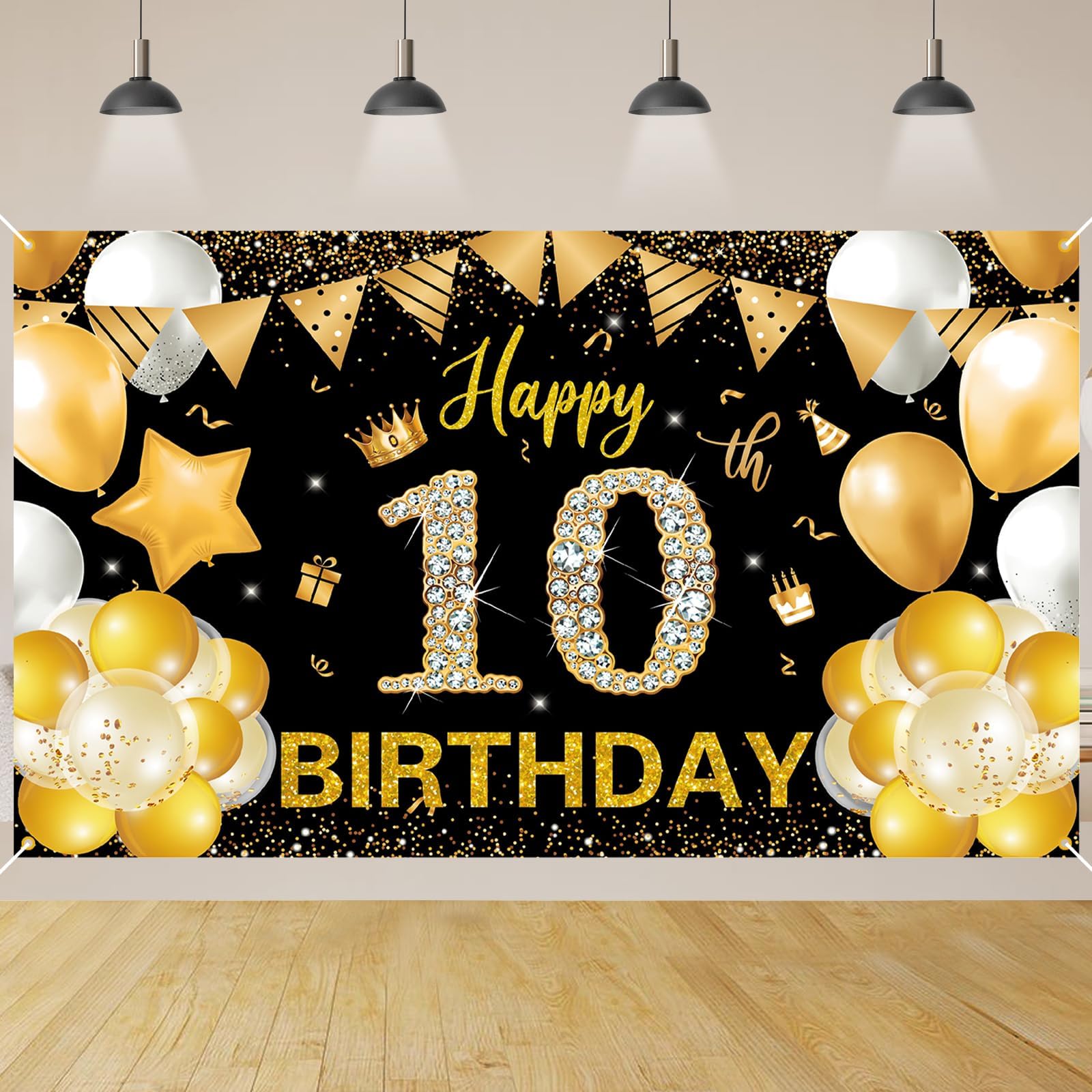 10th Birthday Party Decorations,Happy 10th Birthday Backdrop Banner,10th Black Gold Sign Poster for Boys and Girls 10th Birthday Party