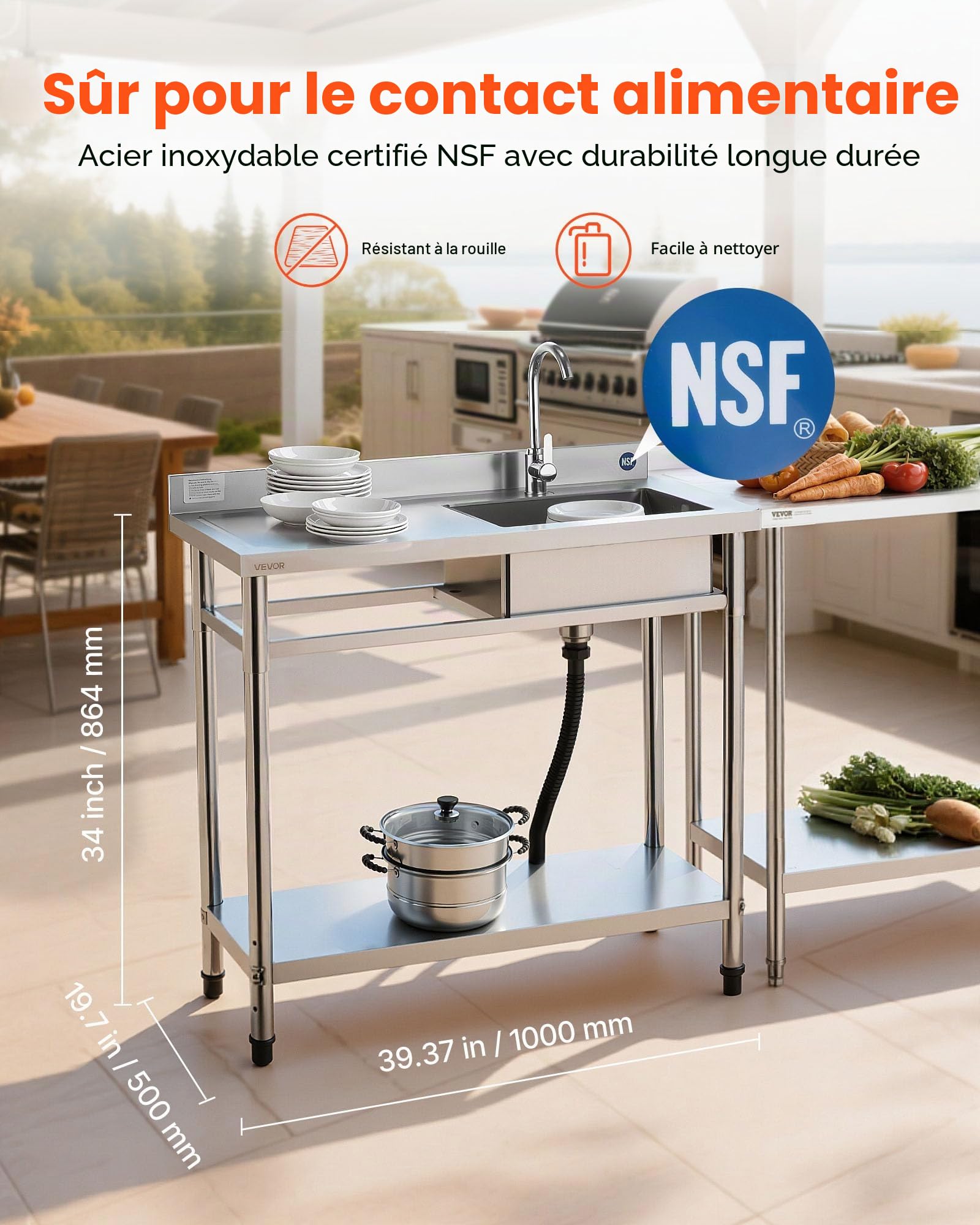 VEVOR Évier cuisine utilitaire en acier inoxydable, évier professionnel autoportant à cuve unique droite, avec robinet, tuyau d'eau chaude et froide pour garage, restaurant, buanderie, 100x50x94 cm