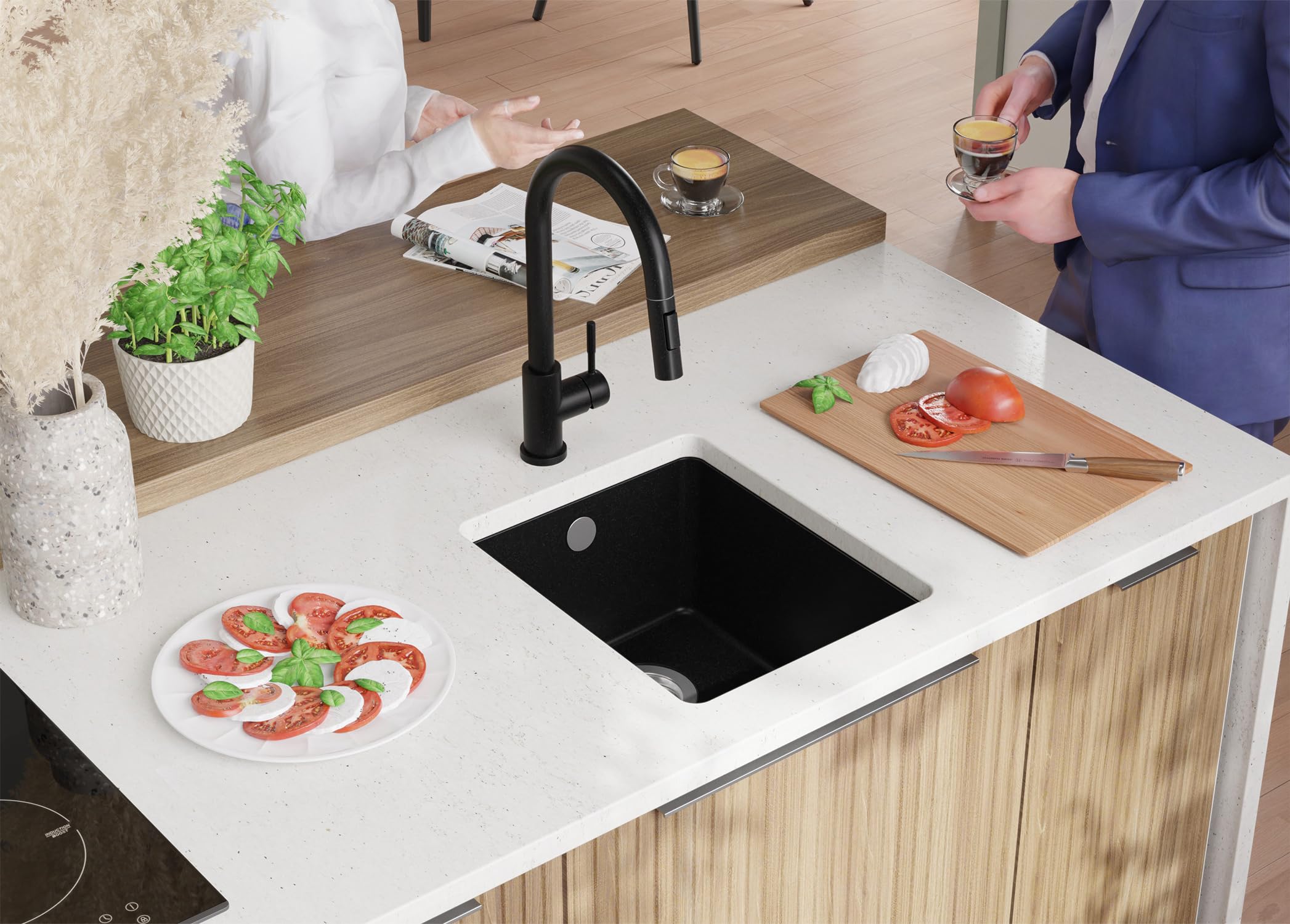 PRIMAGRAN Fregadero bajo Encimera Negro - Venecia Easy, 36x44cm | Cocina 1 Seno + Sifón, Granito al Mueble 40cm (S001)