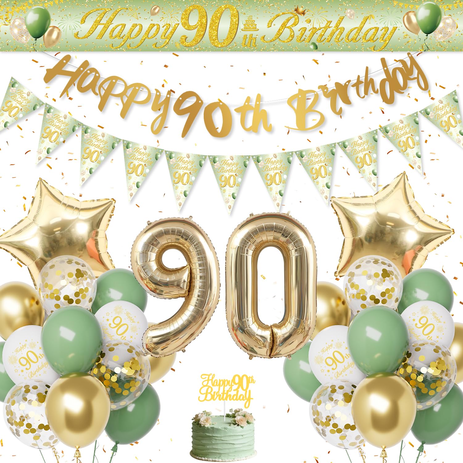 Décoration Anniversaire 90 Ans, Vert Or Ballon 90 Ans Anniversaire Femme Homme, Decoration 90 Ans, Bannière Joyeux Anniversaire pour 90 Réutilisable