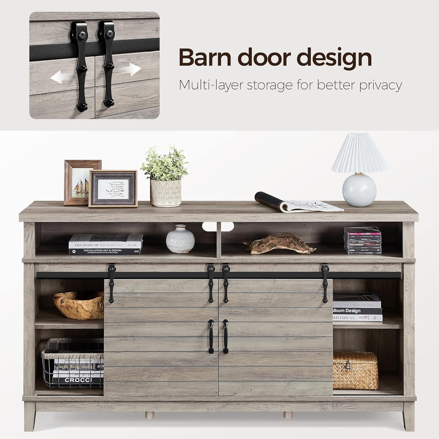 Image showing the TV stand with a TV on top and various items in the central and side compartments