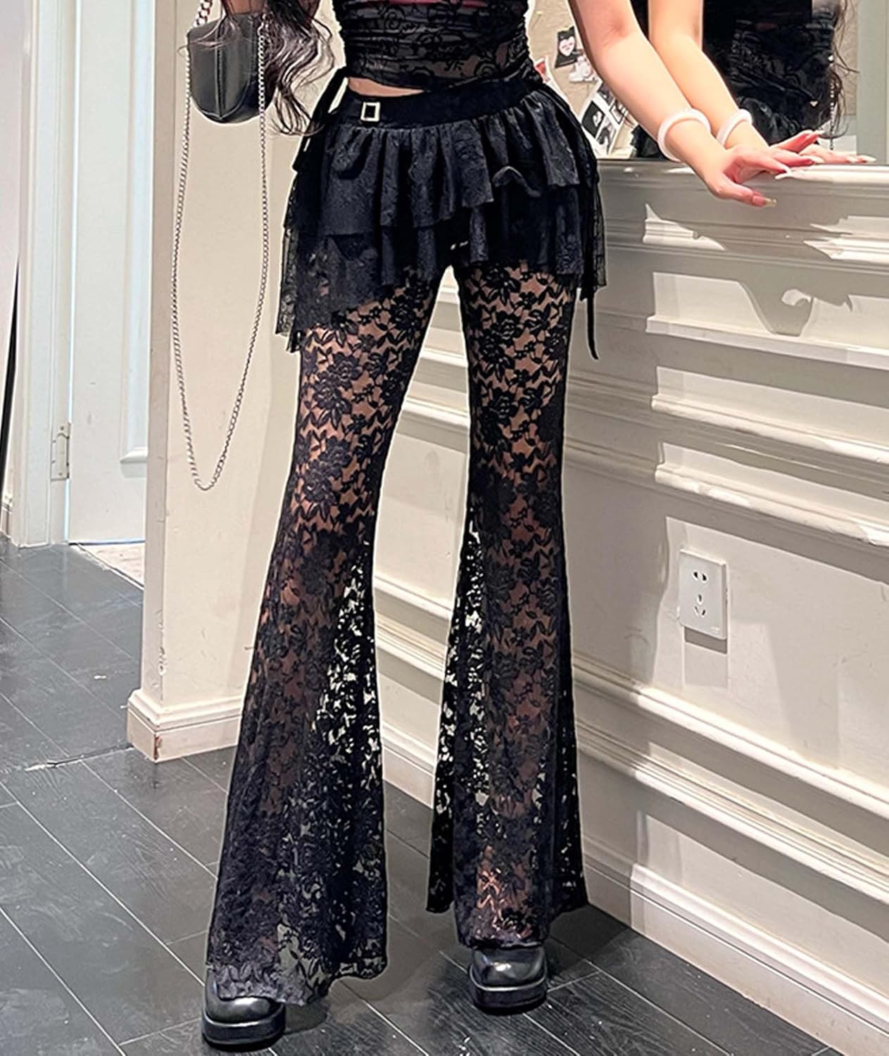 xxxiticat Women's Gothic Lace Flared Pants Asymmetric Floral Bell Bottom Legging Goth Faux Mini Skirt Trouser in Black - Image 3