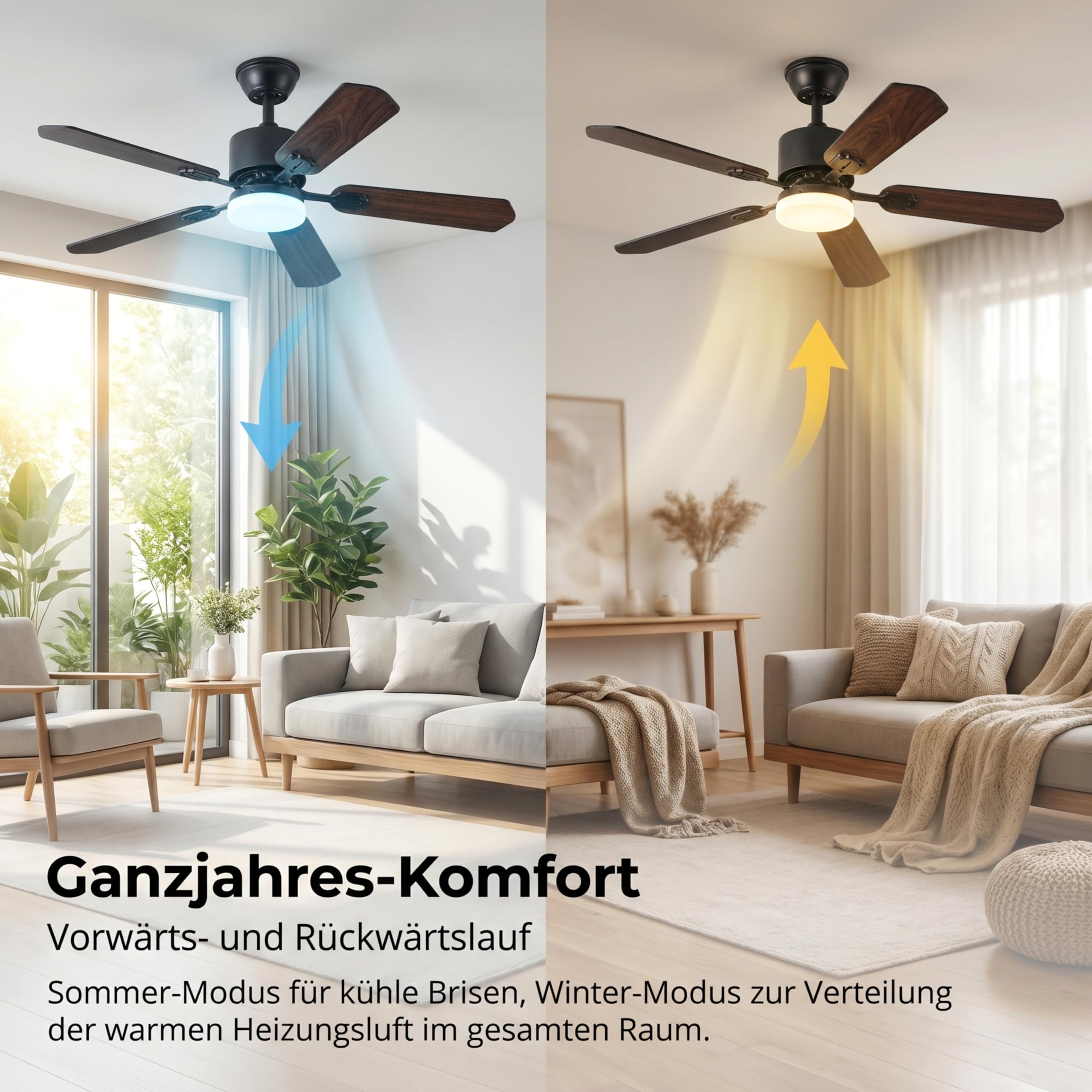 Deckenventilator mit Beleuchtung 3 Farbtemperatur und 6 Geschwindigkeiten LED Deckenventilator mit Lampe, APP/Fernbedienung, Timer, doppelseitige Flügel für Schlafzimmer Wohnzimmer (Schwarz, 108CM)