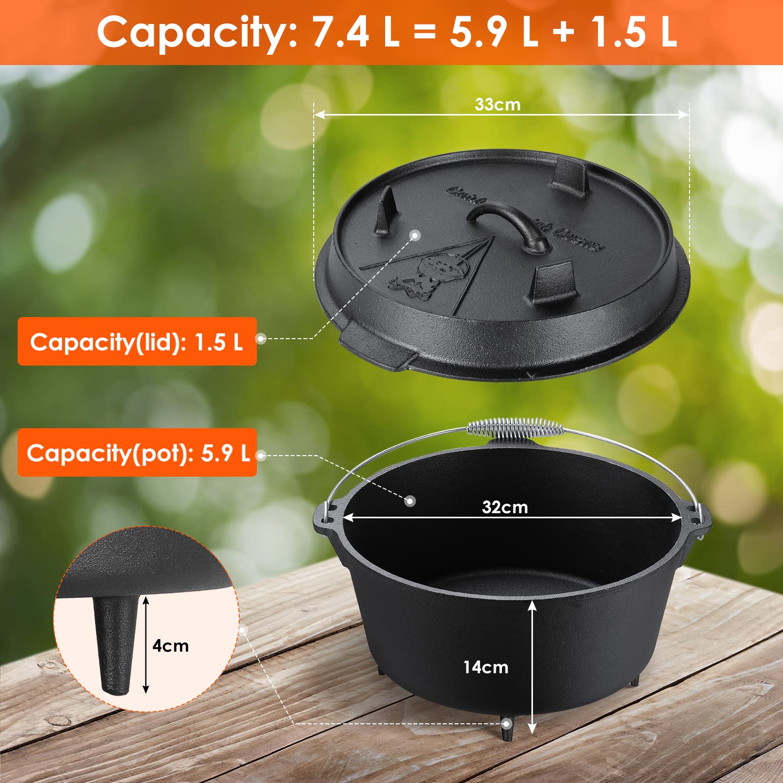 Buffalo BBQ Olla Holandesa Hierro Fundido 7.5L - Para Barbacoa, Camping Y Exteriores Con Accesorios