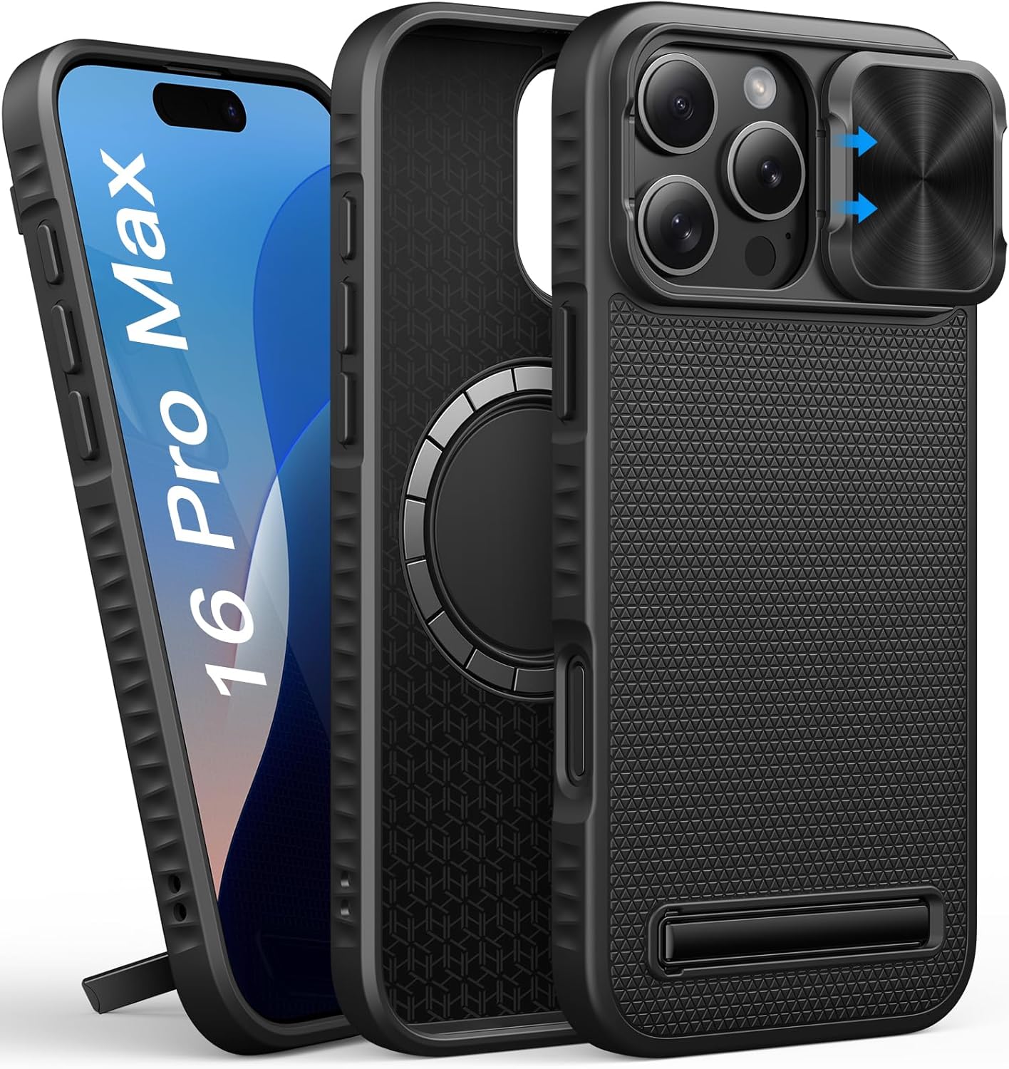 for iphone 16 pro max case with stand, compatible with magsafe, slide camera cover, slim fit, military-grade protection, rugged hard magnetic men phone case for iphone 16 pro max 2024, black black iphone 16 pro max, 6.9"
