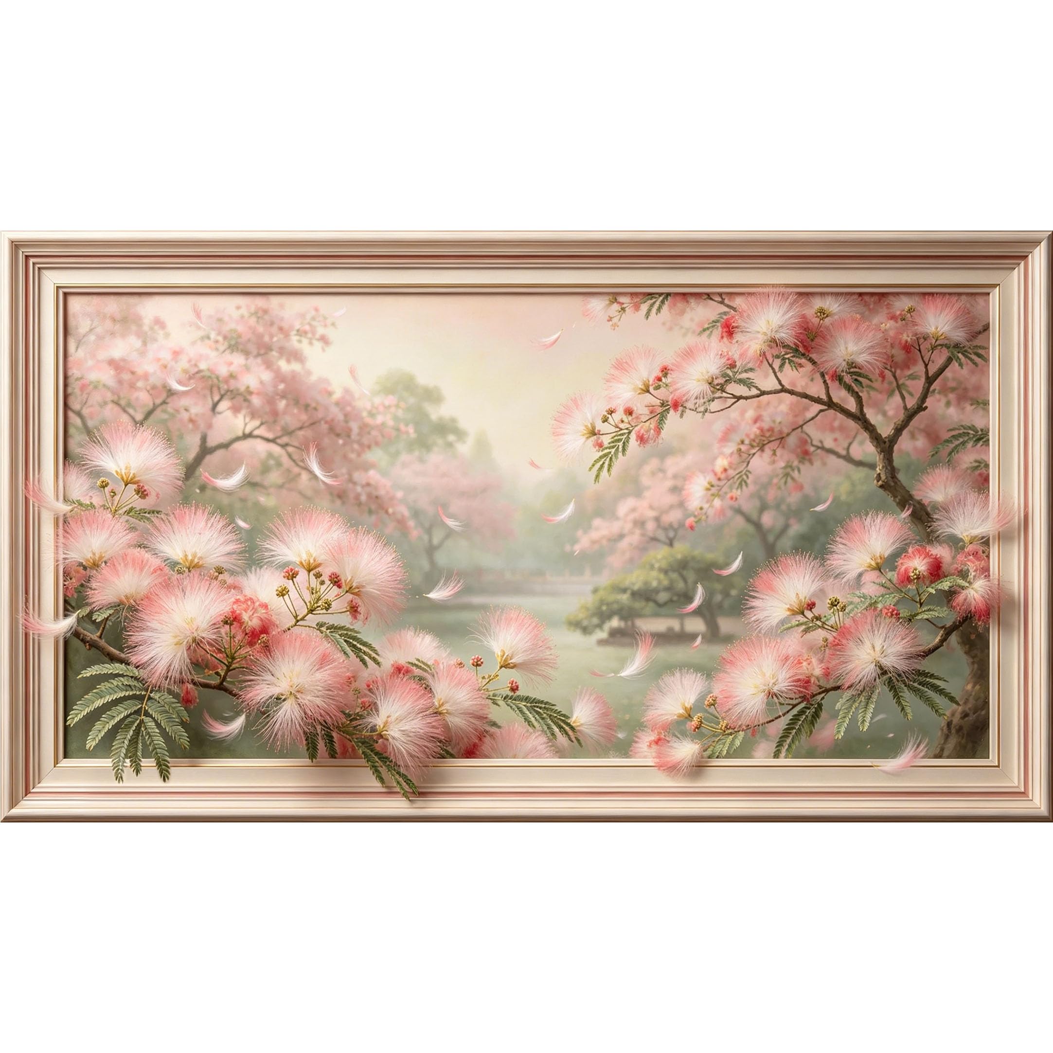 QZLITHOTIC 50×90cm3D Framed Wall Art， Pink Silk Tree Floral Botanical Watercolor Mural， Water?Activated Peel & Stick Fabric Decor Wall Decal for Bedroom Living Room