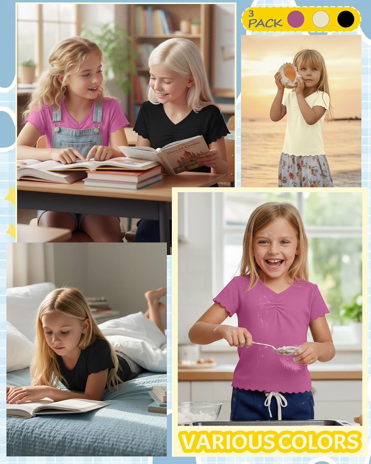 3 Pack Girls Short Sleeve Tops V Neck Loose Fit Baggy Chest Ruched Tees Kids Youth Basic Casual Soft Shirts Summer - Image 4