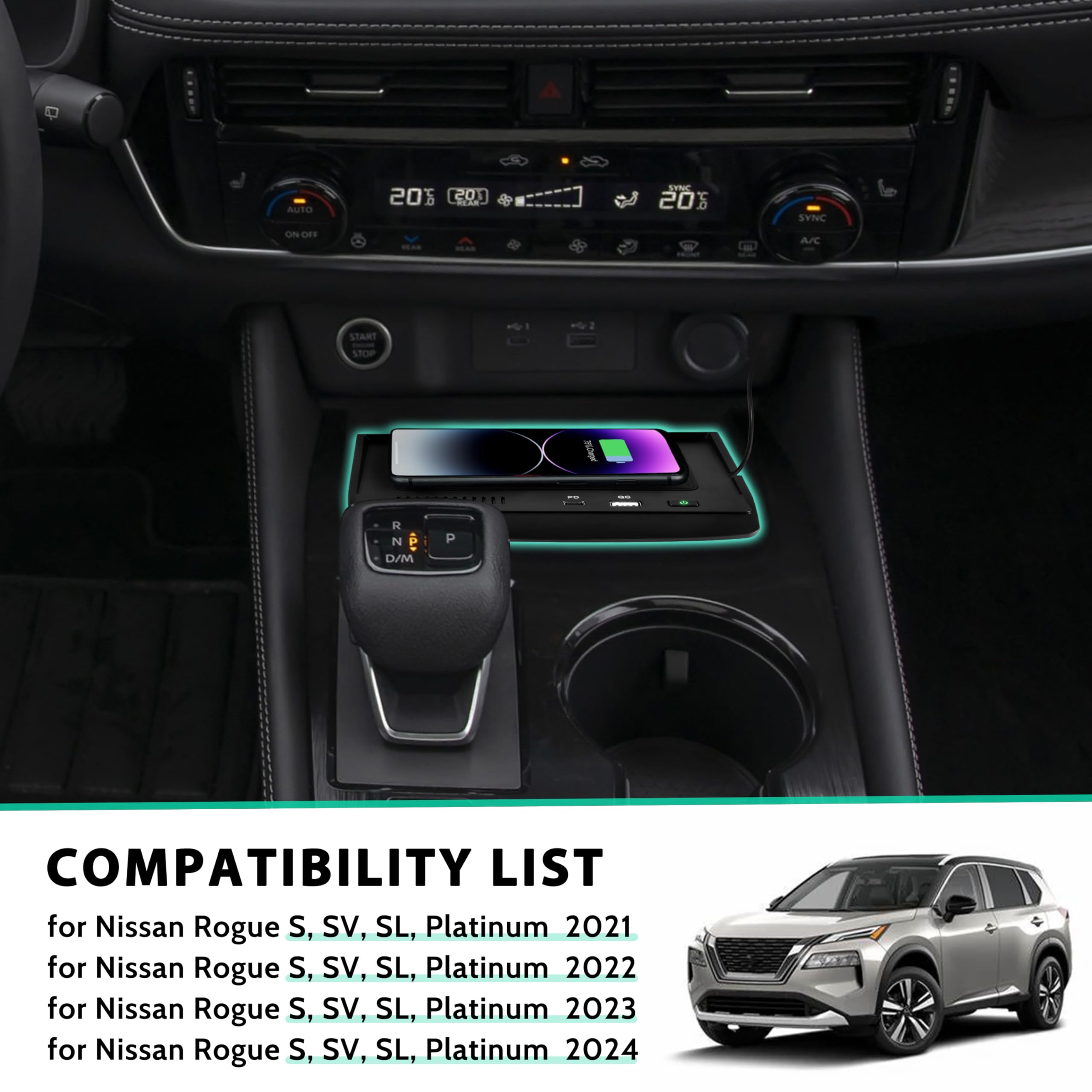 Cargador inalámbrico de coche para consola central de carga para Nissan Rogue 2021-2024, accesorios