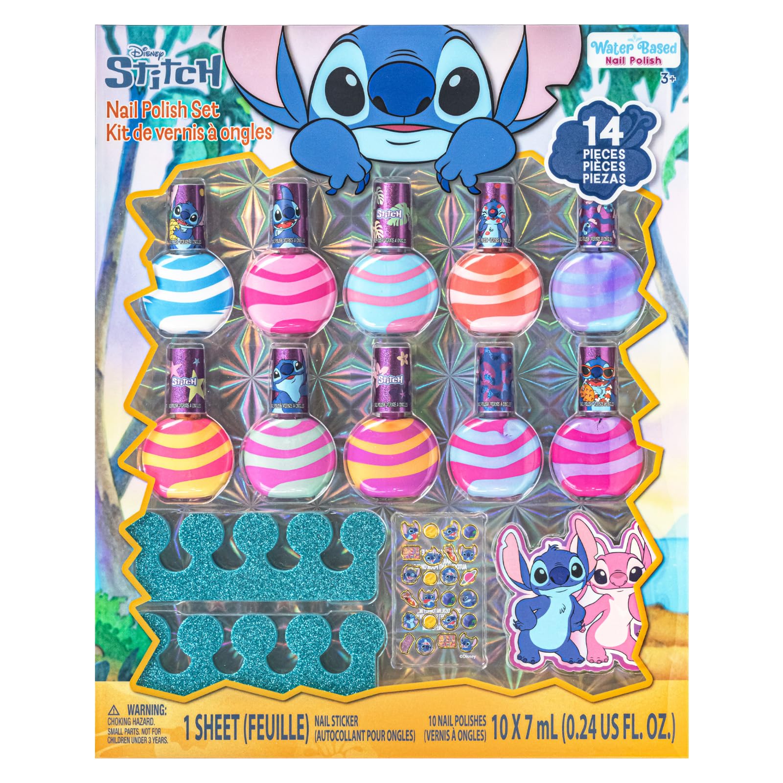 Stitch 10 Piece Swirl Nail Polish Set Water-Based Peelable with Glittery Shimmery and Opaque Colors Ages 3 By