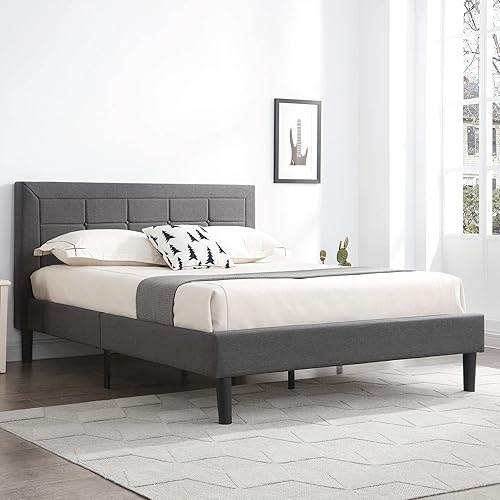 Classic Brands Mornington Upholstered Platform Bed | Headboard and Wood Frame with Wood Slat Support, Full, Grey