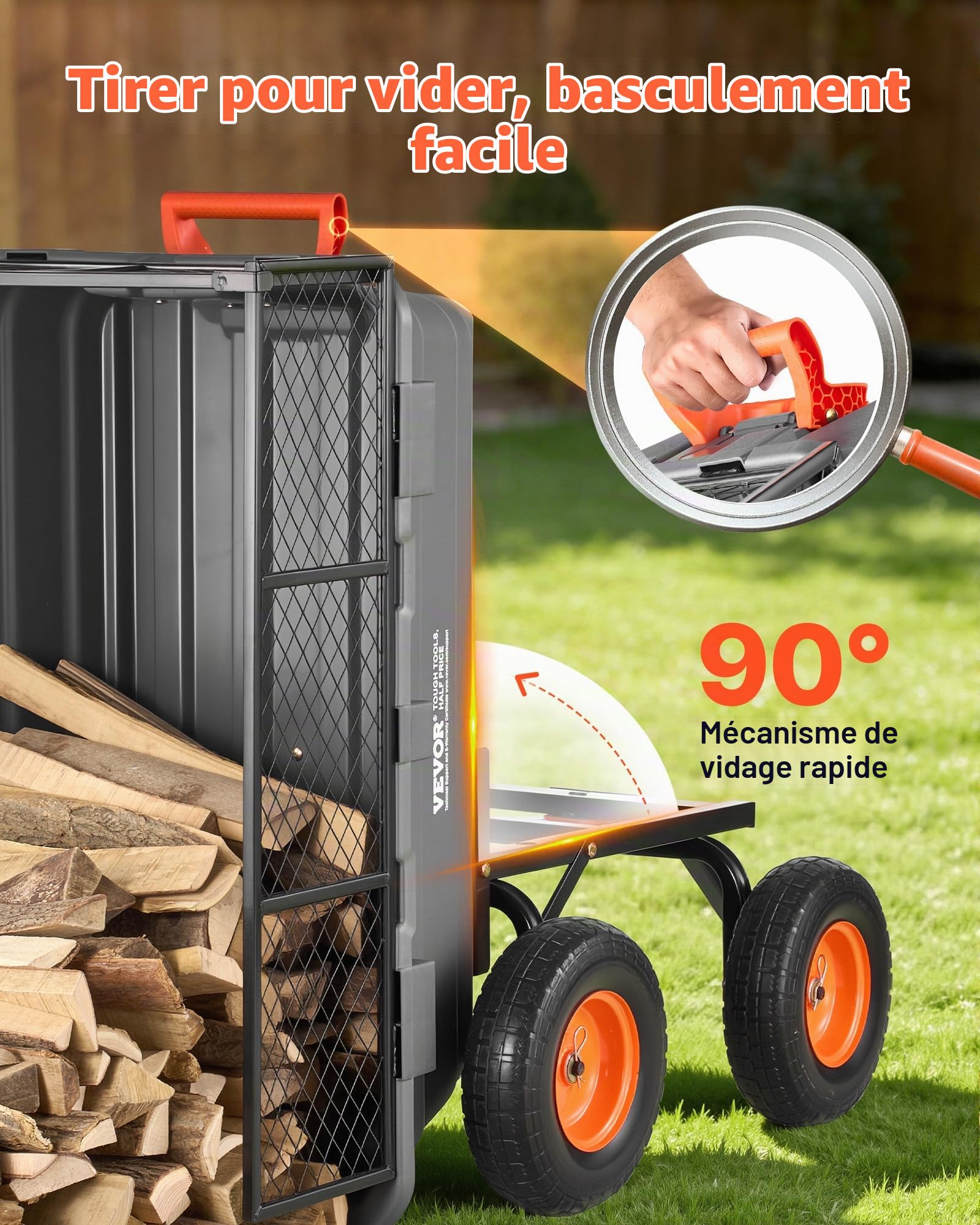 VEVOR Chariot de Jardin Basculant Max. 544 kg Chariot à Benne Basculante PP pour Transport de Bois Plantes Terre, Ridelles Amovibles, Poignée 2-en-1 Tractable, 4 Roues Increvables, Basculement à 90°