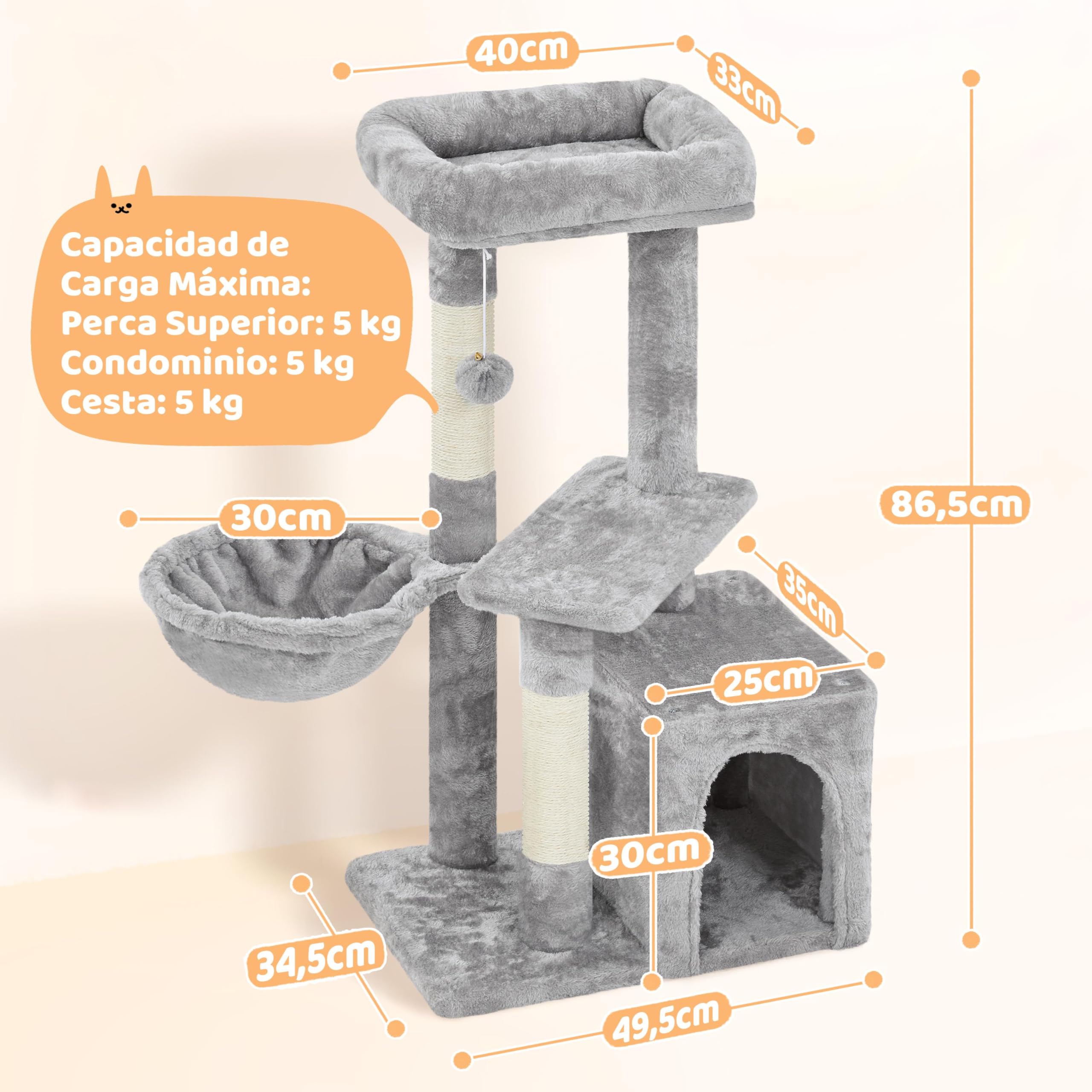Yaheetech Árbol Rascador para Gatos con Poste Cesta Cuerda de Agarre 50x34.5x87 cm Castillo Torre para Gatos Gris Claro
