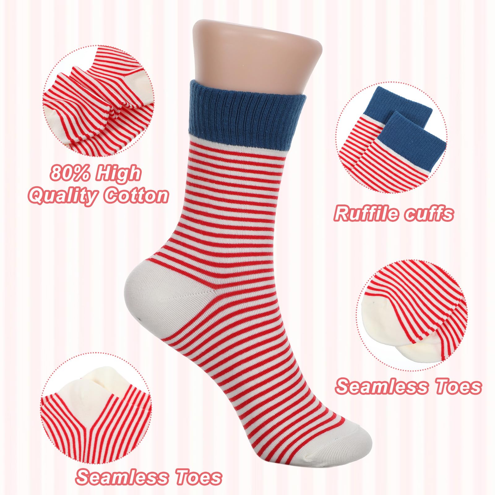 Ouligay 4 Paar Socken Damen 39-42 Baumwolle Bunte Sportsocken Atmungsaktive Tennissocken Retro Crew Socks Damen Streifen Motiv Damensocken Baumwollsocken Laufsocken für Tennis Arbeit Freizeit Sport