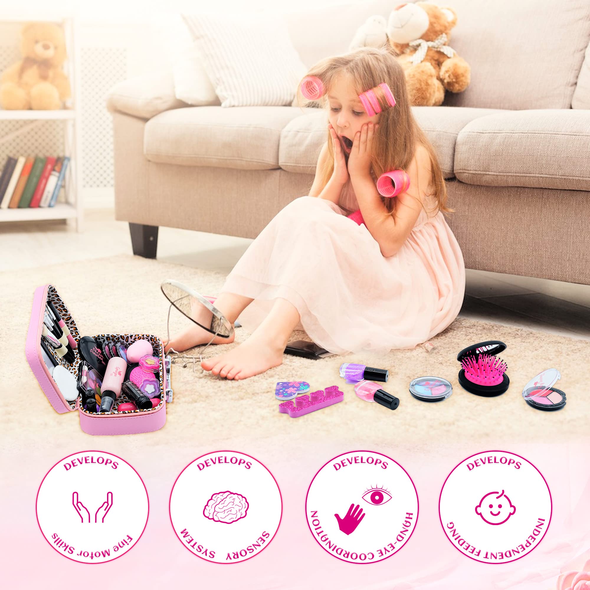Kinderschminke Set Mädchen, Waschbar Schminke Kinder Schminkkoffer Spielzeug Kindern Makeup Set Rollenspiel Kosmetik Spielzeug Weihnachten Geschenk für Mädchen 4 5 6 7 8 9 10 11 12 Jahre