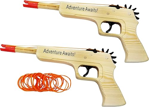 Adventure Awaits! - Paquete de 2 pistolas de goma - Madera de calidad y hecha a mano - Fácil carga - 20 bandas de goma por juego