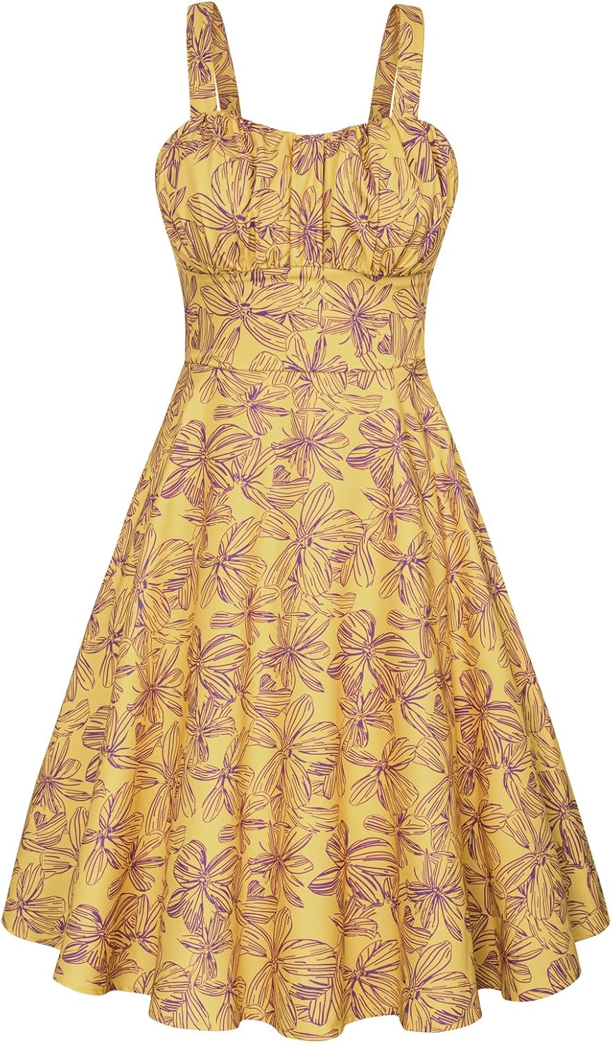 Belle Poque Women's Vintage Sleeveless Solid Floral Ruched Summer Cute A-Line Flowy Swing Midi Dress