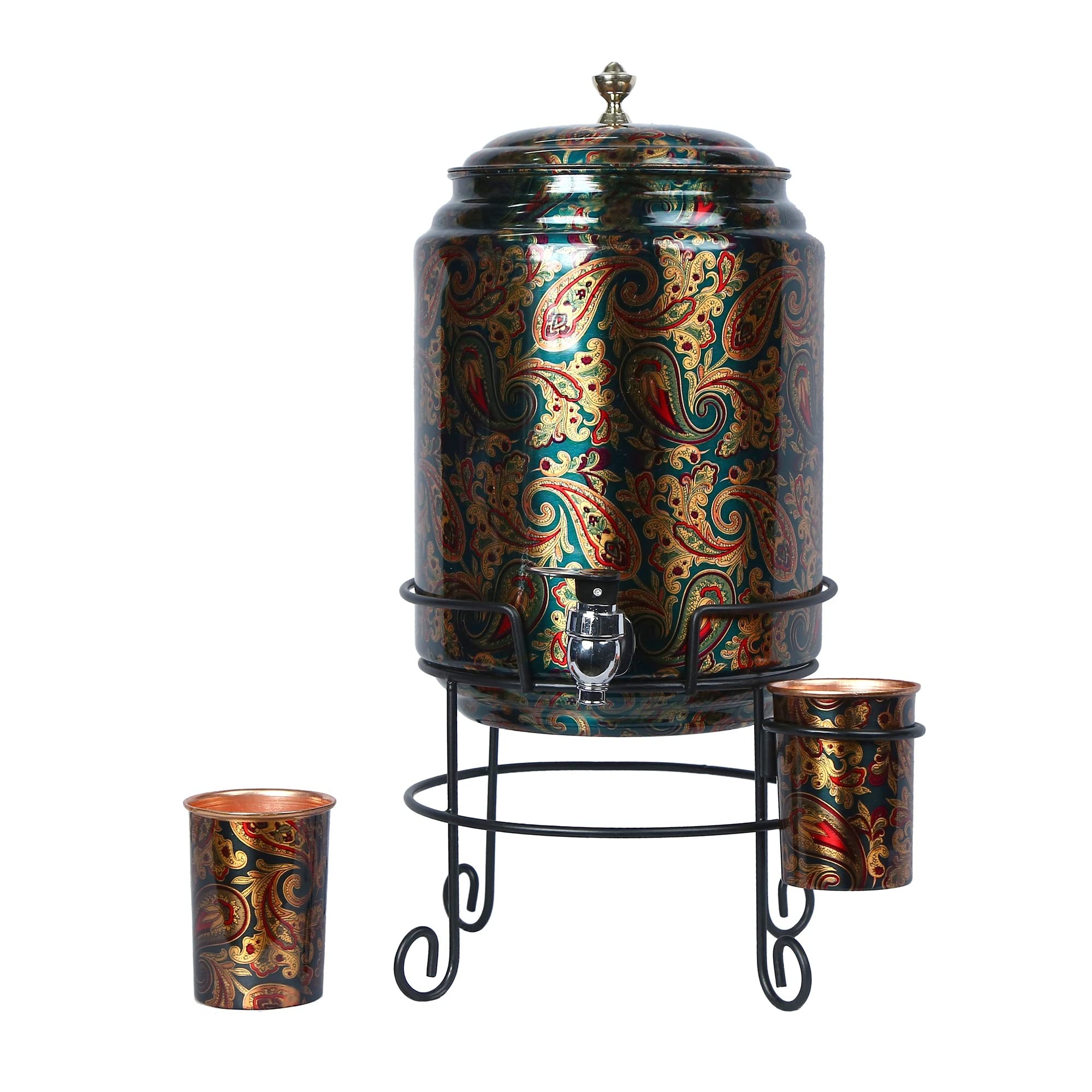 R Ayurveda Copper Handmade Copper Metal Matka Green Printed 8 Litre Copper Water Dispenser (Matka/Pot) Container Pot with 2 Copper Glass and Stand ,Pure Copper and Ayurveda Health Benefits (Storing Capacity 8 Liter) for home office and party and Wedding Gift