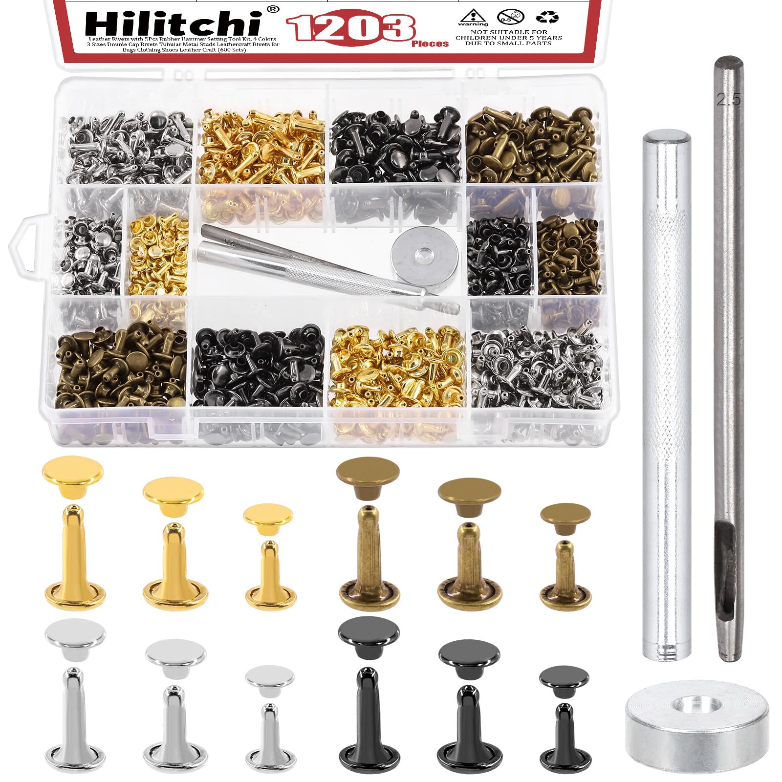 Hilitchi 600 Sets 4 Colors Double Cap Rivets Leather Rivets Metal Studs Leather Studs with 3Pcs Setting Tool for DIY Leather Craft (6x6mm, 8x8mm, 8x12mm)