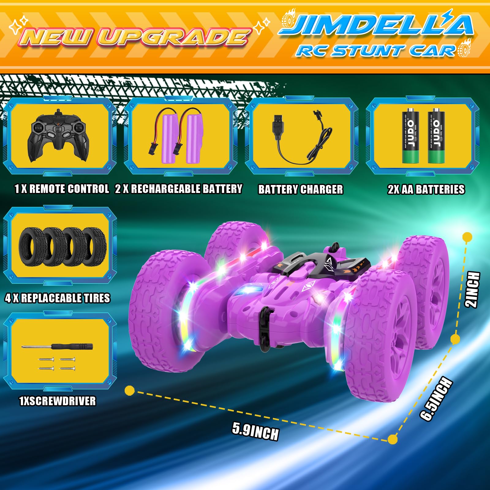 Remote Control Cars for Girls, 2.4GHz RC Stunt Car with 360° Flips & Double Sided Driving, LED Strip Lights and Headlights, Changeable Wheels, Birthday Gift for 5-12 Year Old Girls (Purple)