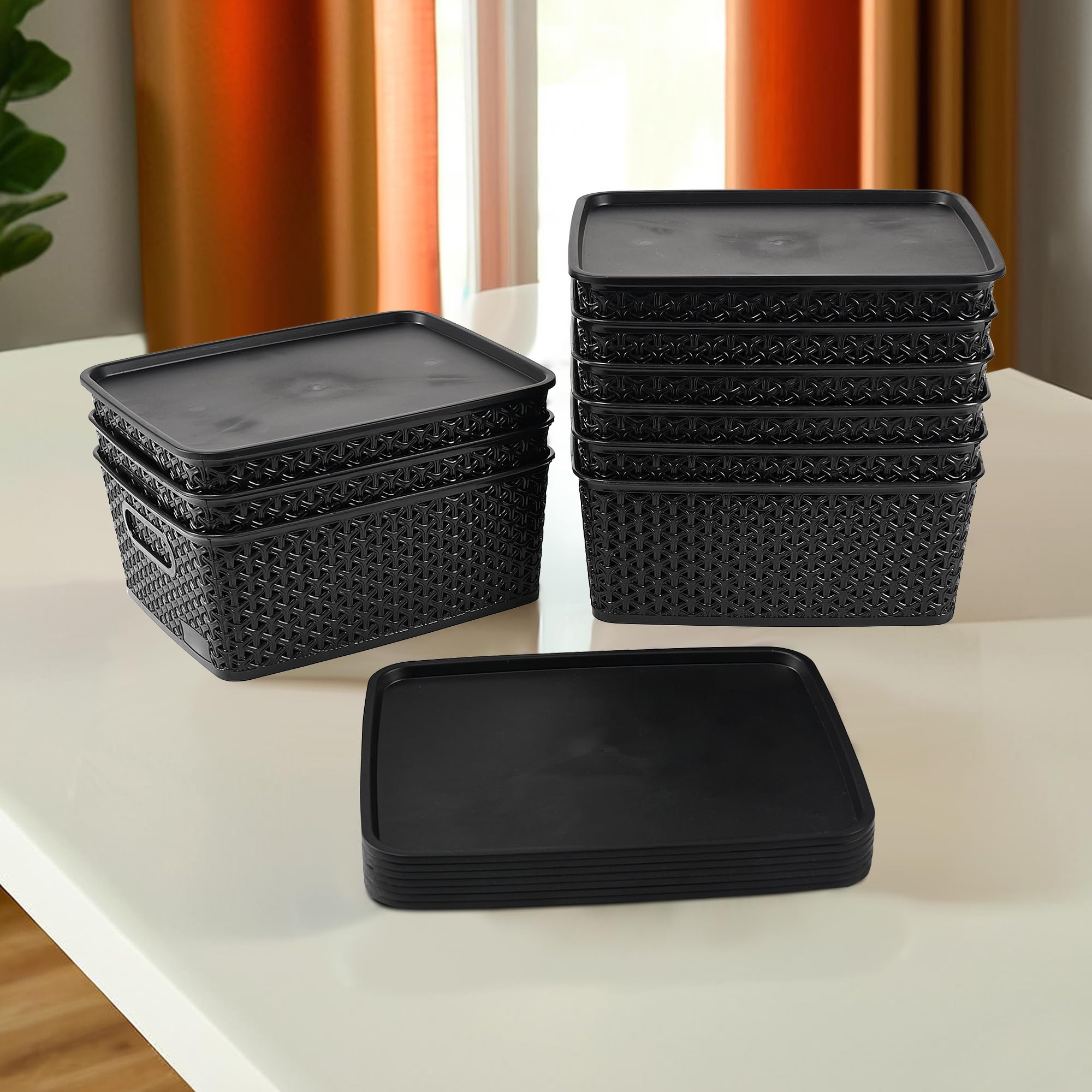 Kuber IndustriesKuber Industries 9 Pcs Stackable Plastic Storage Box with Lid | H3 Multi-Purpose Basket for Storage - Ideal Home Organizers for Baby Dress, Stationary, Medicine & Pooja Items | Black