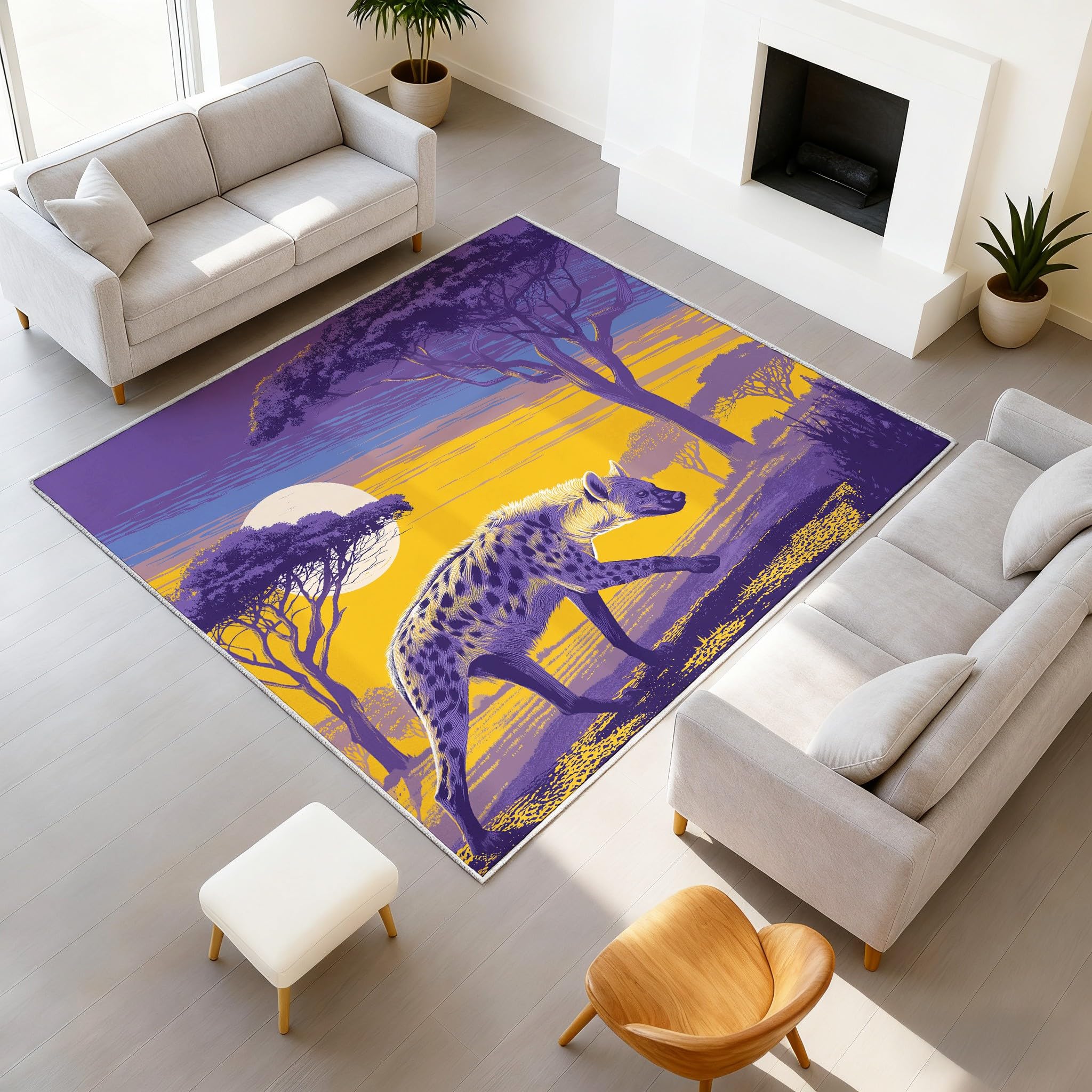 Generisch 80 x 150 cm, fantazyjny dywan z motywem zwierzęcym, dywan dla graczy, plemienny, z zapięciem na rzepy, hiena, sawanna, zachód słońca, można prać w pralce, dekoracja sypialni, pokoju