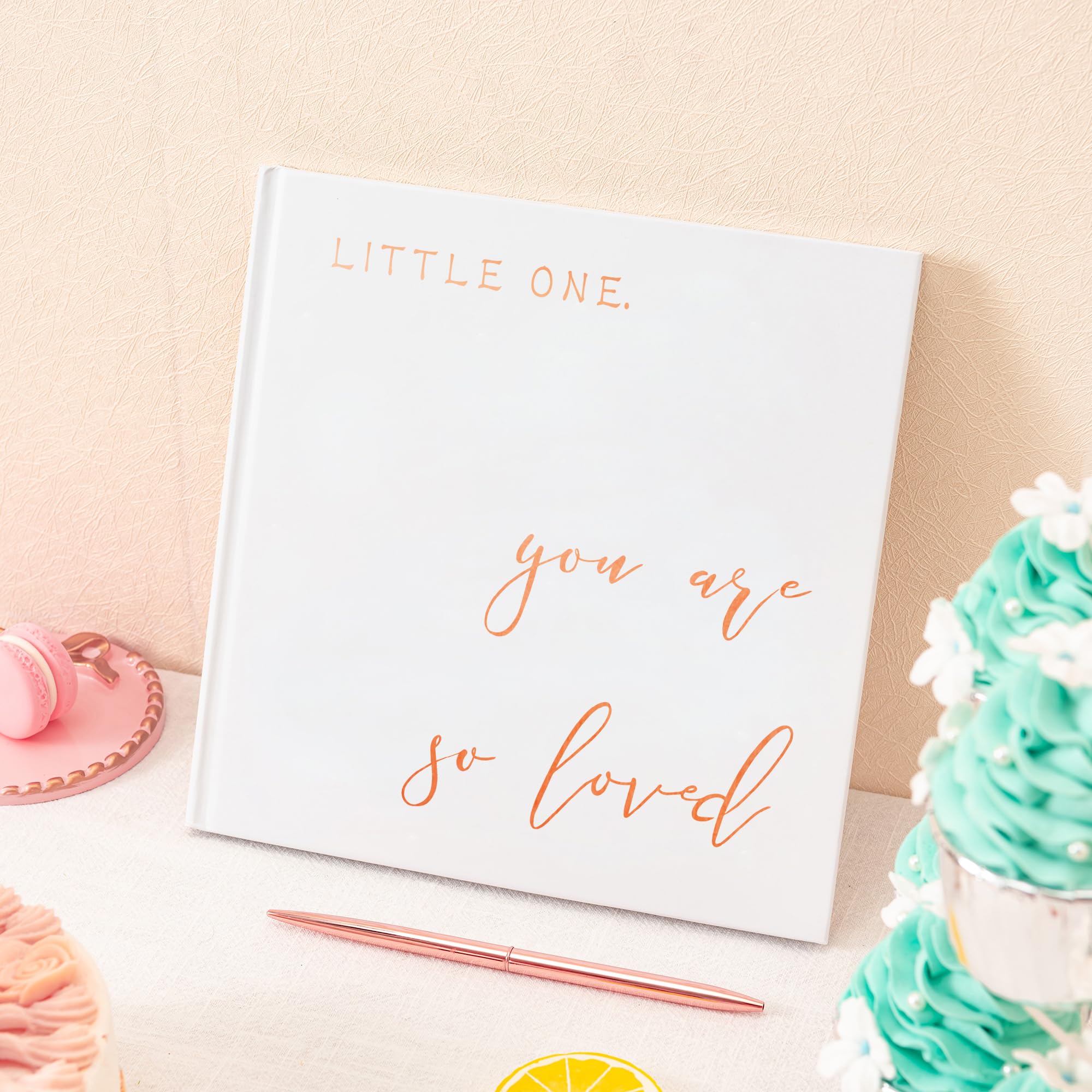 Calculs Księga gości Baby Shower Party Książka z obrazkami dla niemowląt Polaroid Scrapbook, biała okładka, tłoczenie folią w kolorze różowego złota, puste białe strony