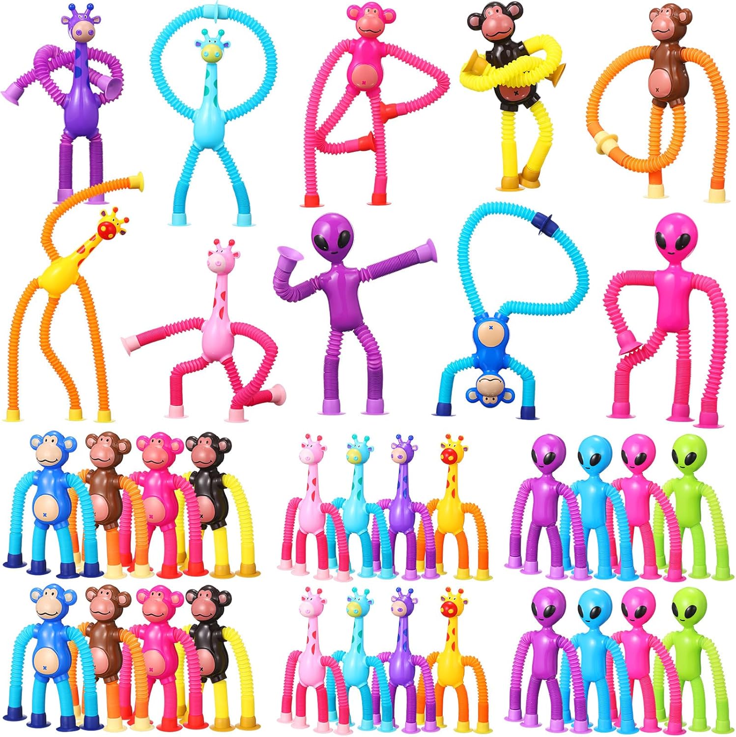 Soulchen 24 Pcs Pop Tubes Sensory Toys for Kids Boys Girls Pop Tube Telescopic Suction Cup Toys Monkey Alien Giraffe Funny Fidget Travel Toy for Airplane Trip Car Activities