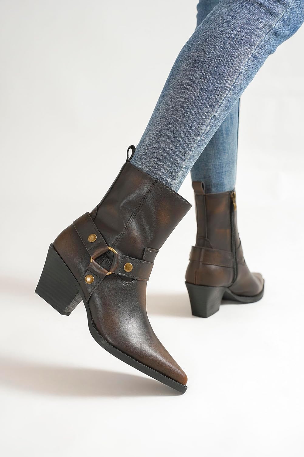 Beast Fashion Women's Western Harness Boots Ankle Boots Vintage, Casual & Versatile, Daily Party Stacked Block Heel Boots Cowgirl Boots Pointed Toe Boots Side Zipper for All Seasons