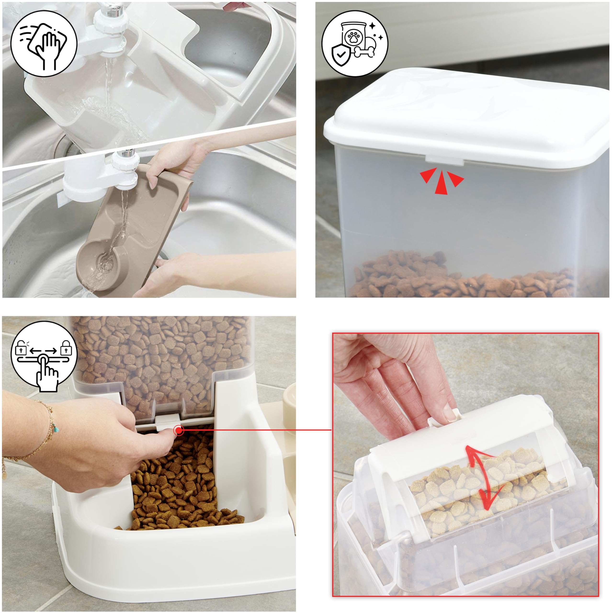 Iris Ohyama, Dosatore acqua (2 L) e cibo (1.5 kg) regolatore di approvvigionamento idrico, portello regolazione crocchette, coperchio asportabile per cane e gatto - Pet Food Feeder JQ-350, Bianca