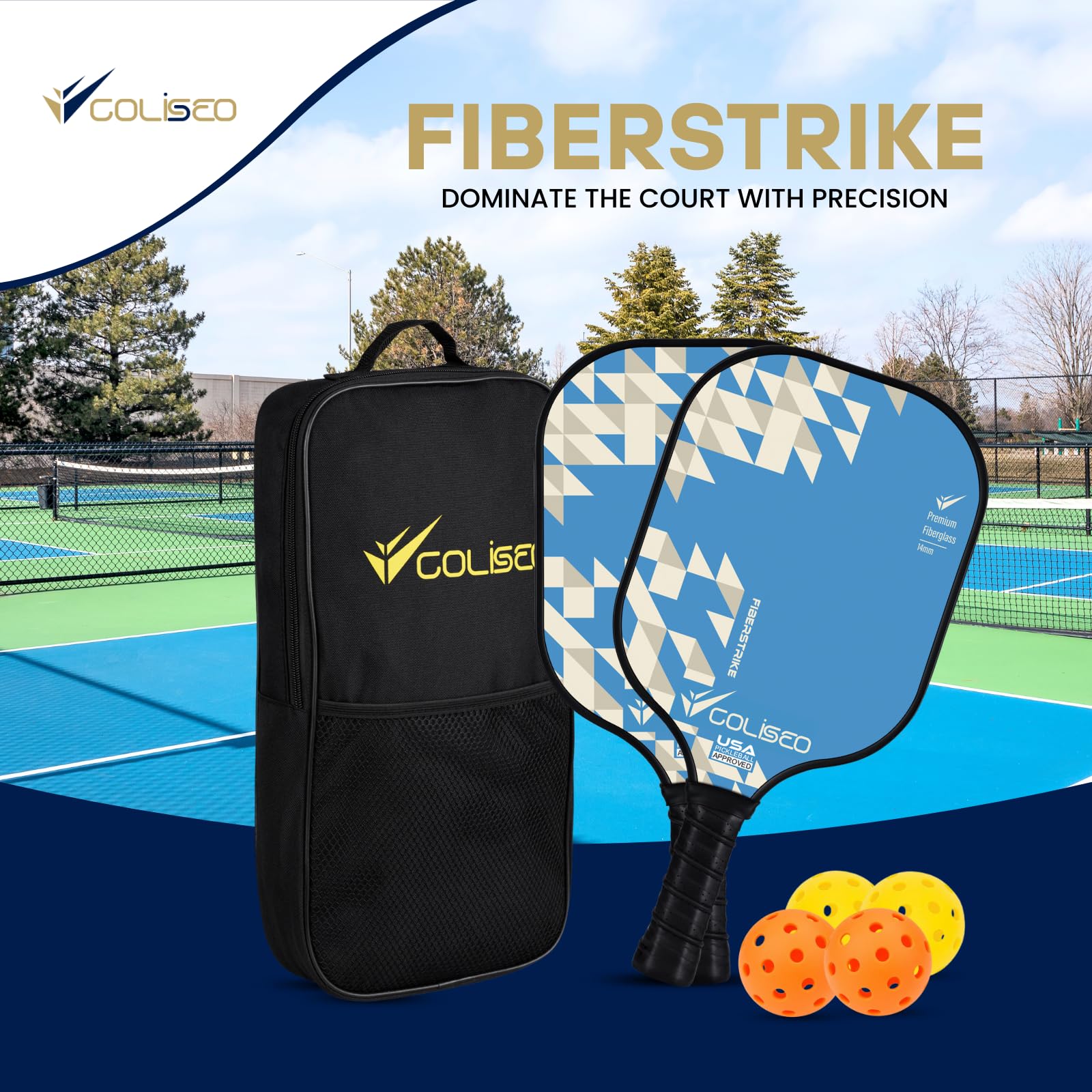 COLISEO FiberStrike Pickleball Paddle Set of 2 β Premium Fiberglass Pickleball Racket Set for Beginners, Lightweight 14mm PP Honeycomb Core, 2 Paddles, 4 Balls & Carry Bag - Indoor & Outdoor Play