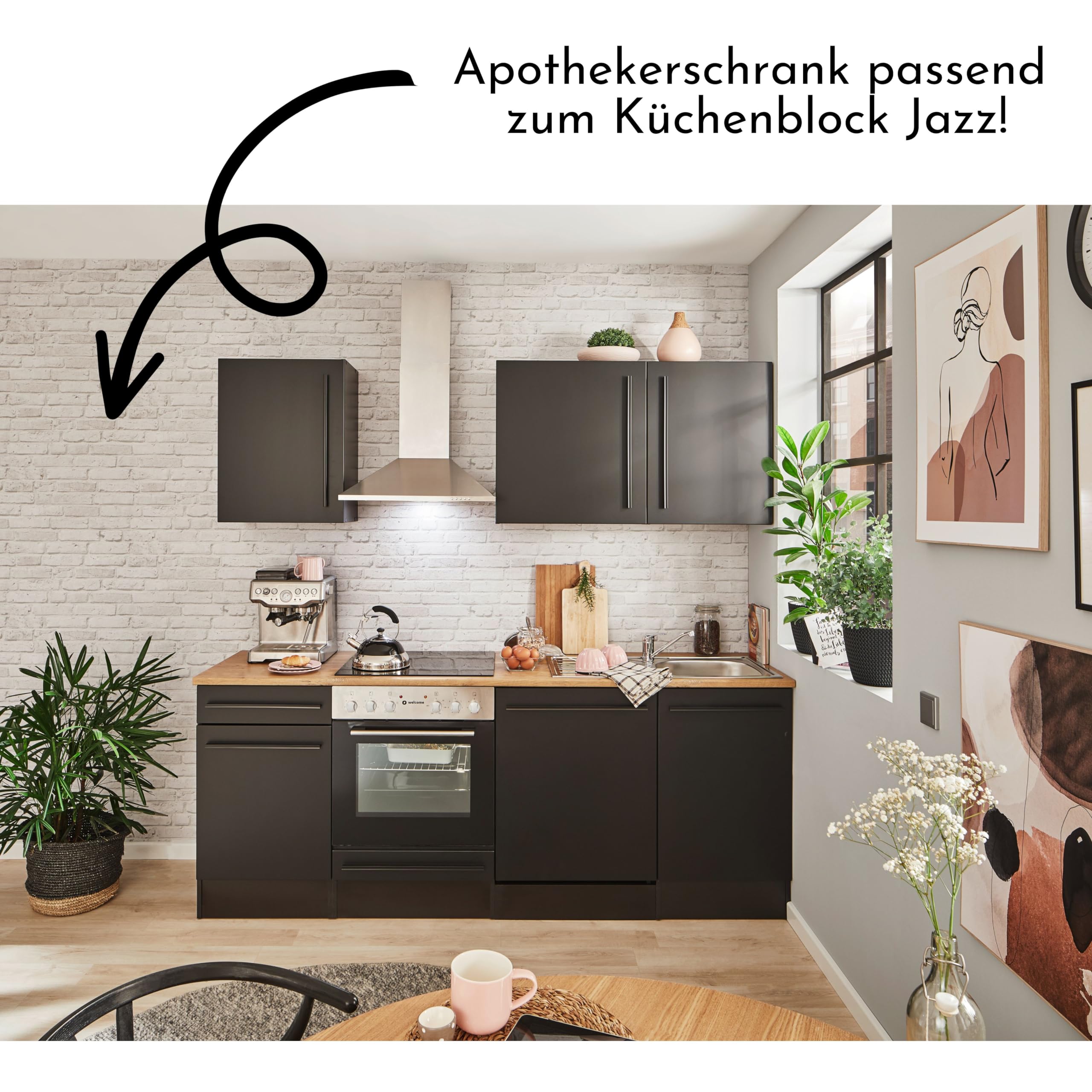 JAZZ 8 Moderner Apothekerschrank Küche in Schwarz matt - Geräumiger Hochschrank Küchenschrank mit viel Stauraum - 30 x 211 x 57 cm (B/H/T)