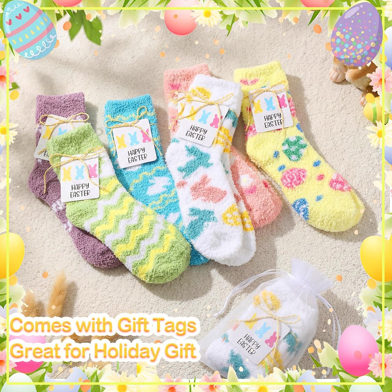 Easter Socks Gifts Fuzzy Bunny Egg Rabbit Fluffy Socks with 12 Tags 12 Bags for Easter Party Favors Women - Image 6