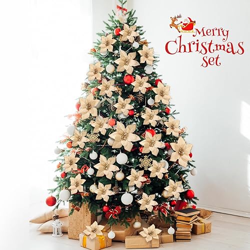 Miniatura 6 de 36 piezas de flores de Pascua de Navidad de 3 tamaños para árbol de Navidad, flores de imitación con purpurina, adornos de flor de pascua