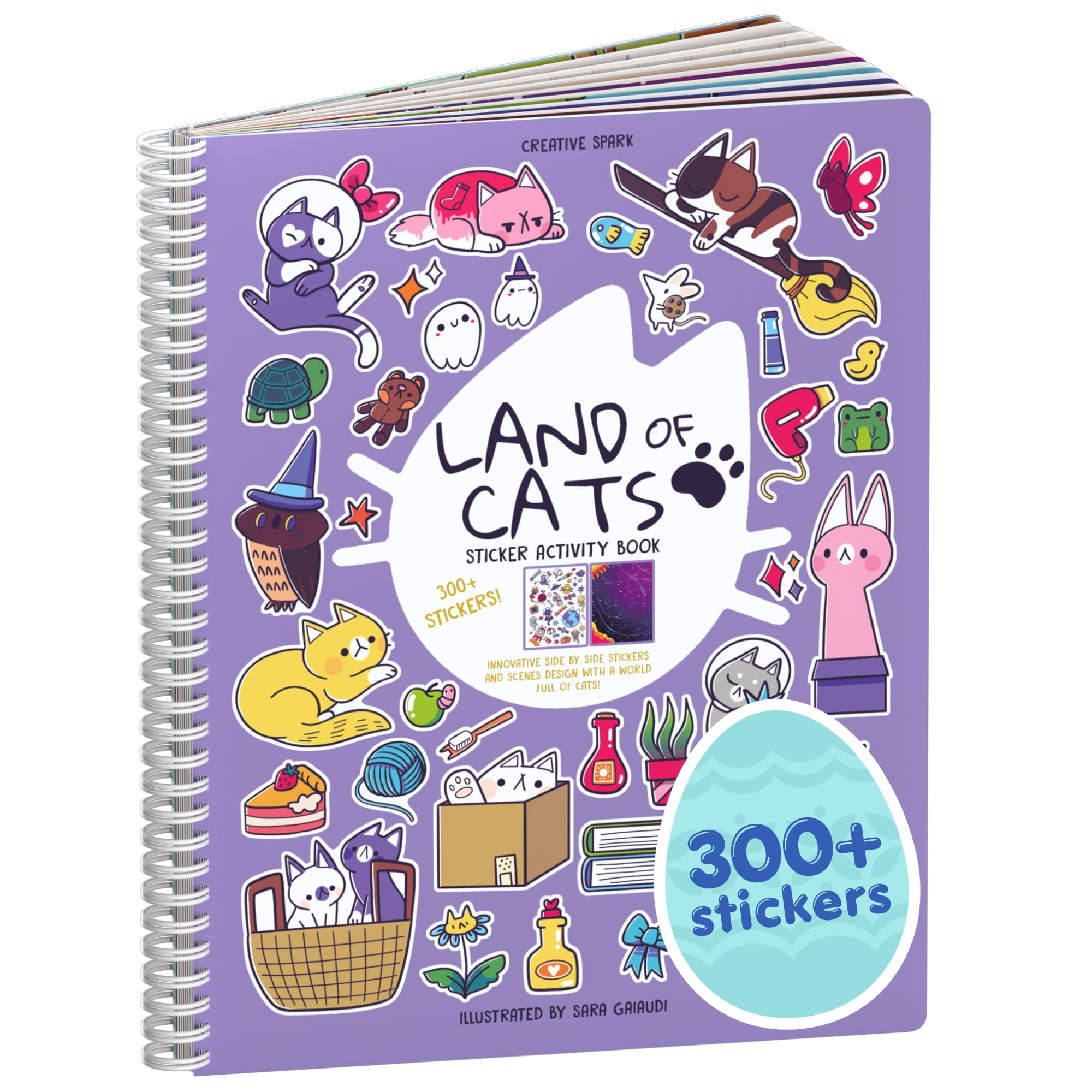 Land of Cats 300+ Kids Sticker Book by Cupkin Toddler Road Trip Coloring and Sticker Book, 8 Coloring Pages 8 Side by Side Scenes for Children's of 2-8 Years, Valentines Gifts for Kids