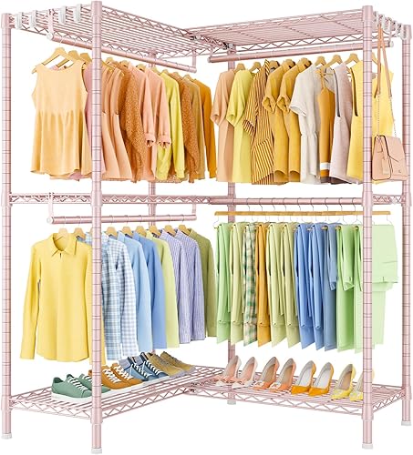 Miniatura 11 de E15 - Perchero en forma de L para esquina, perchero independiente para colgar ropa, organizador de armario resistente con 4 varillas para colgar y 8