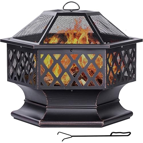 28Inch Outdoor Fire Pit, Hexagon Shaped Wood Burning Firepit for Outside Bonfire, Patio, Backyard and Camping (Antique Bronze)