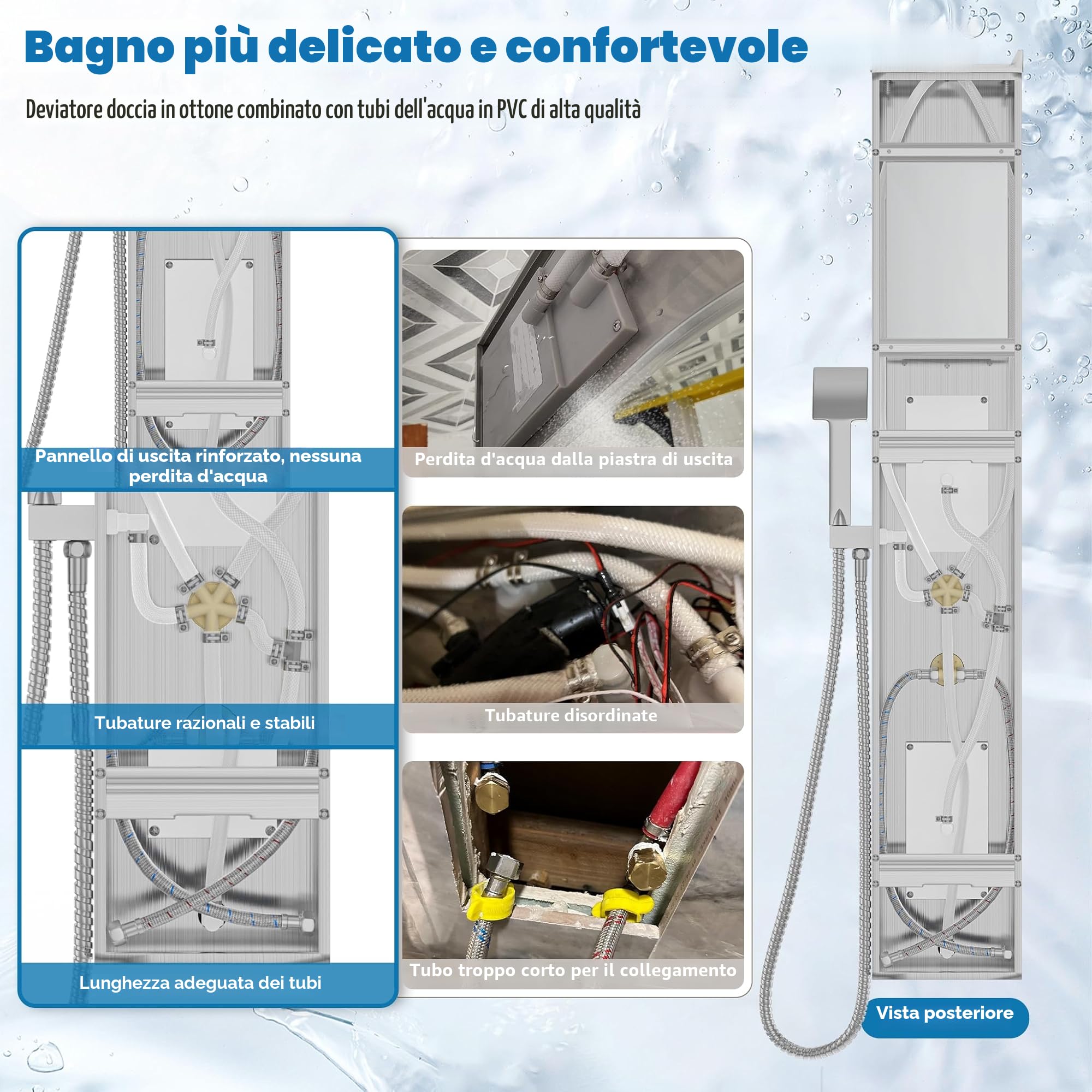 Froadp - Pannello doccia in acciaio inox, sistema doccia a parete con 5 funzioni: doccia a pioggia, con doccetta, doccia massaggiante, doccia a cascata, set doccia completo a colonna (argento)