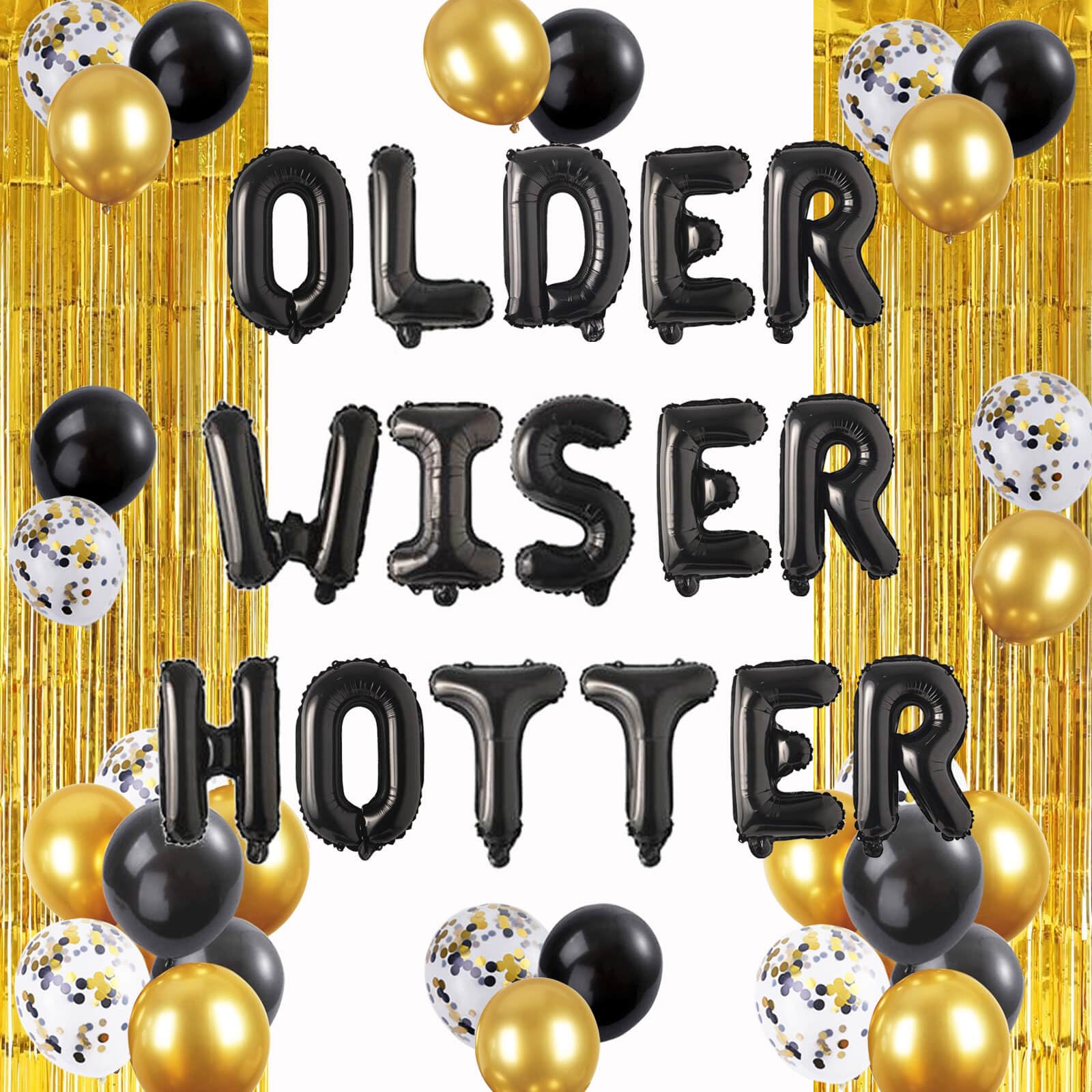 XXDecor Older Wiser Hotter Birthday Party Decorations, Black Funny Party Balloons Older Wiser Hotter Banner for Men Women Party Supplies