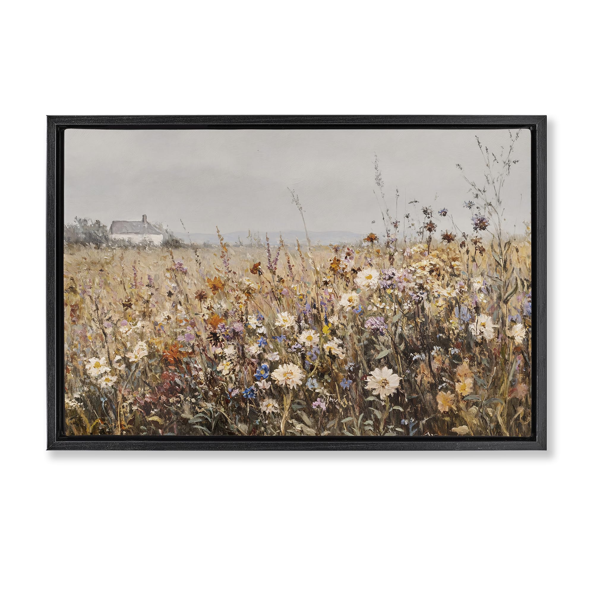 Stupell Industries Jet Black (Matte) 'Quaint Cottage Meadow'| Floating Frame Canvas Art