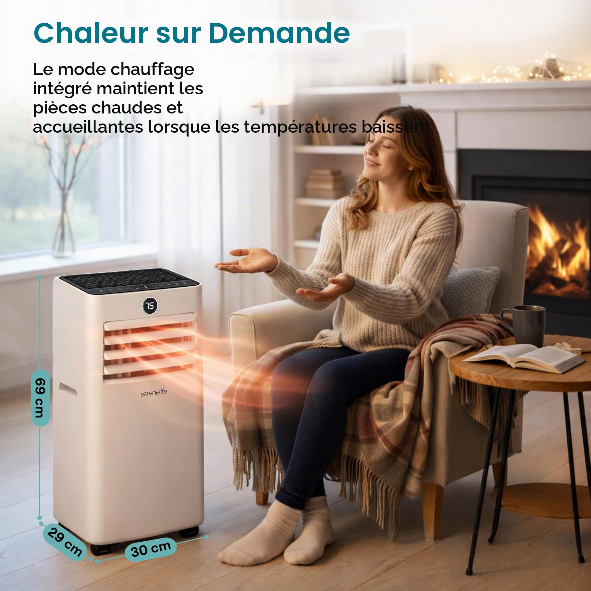 SereneLife Climatiseur Mobile 9000 BTU 2,34 kW Chauffage – Climatiseur Portable avec Évacuation, Ventilateur et Déshumidificateur, Compact avec Télécommande et Kit Fenêtre Gris