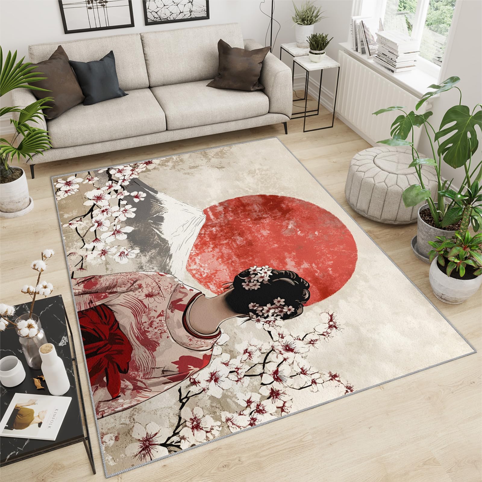 SANSJI Japanese Rug - Japanese Geisha Rug, Retro Nature Rugs for Living Room Bedroom, Washable Non Slip Soft Large Carpet, Traditional Girl Area Rugs & Home Decor 180x200 cm
